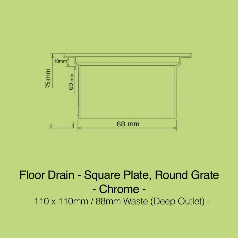Floor Drain Chrome 110 x 110 x 88mm with Deep Waste - Product Image