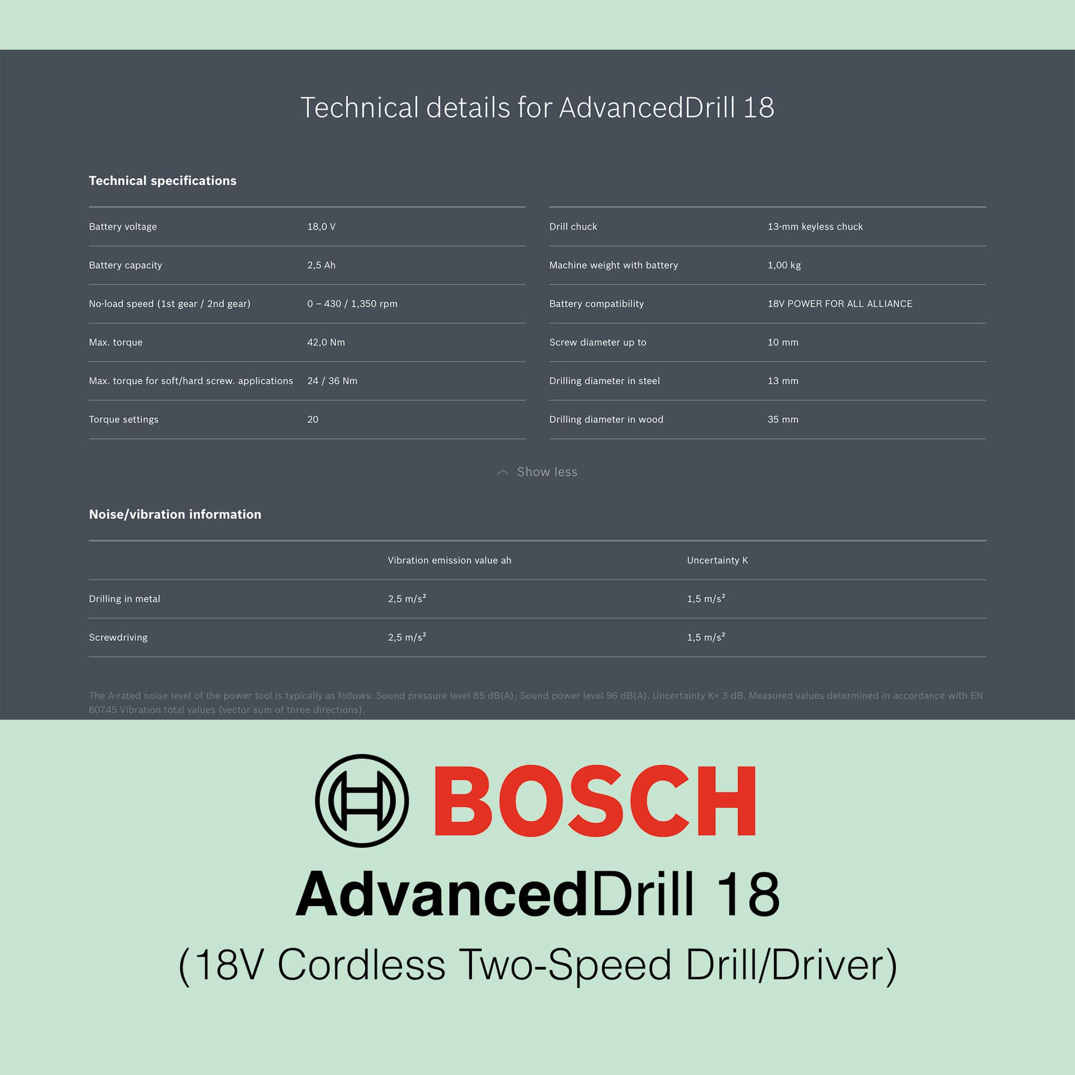 Bosch AdvancedDrill 18 - 18V Cordless Two-Speed Drill/Screwdriver - Technical Details