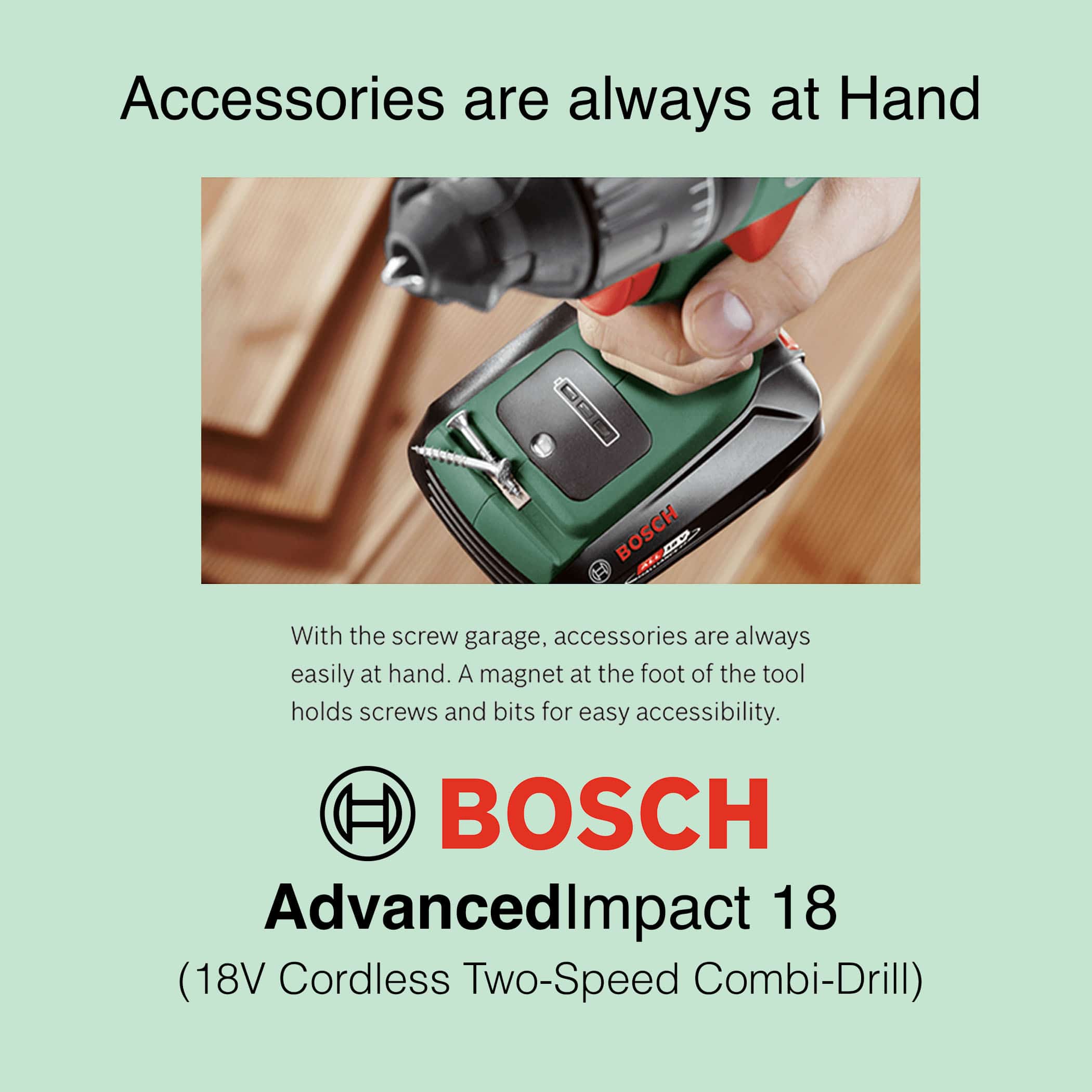 Bosch AdvancedImpact 18 - 18V Cordless Two-Speed Combi-Drill - Accessories are always at hand