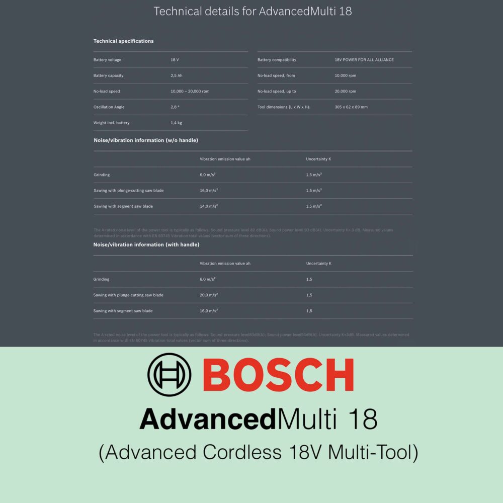 Bosch AdvancedMulti 18 Advanced Cordless 18V Multi-Tool - Technical Details