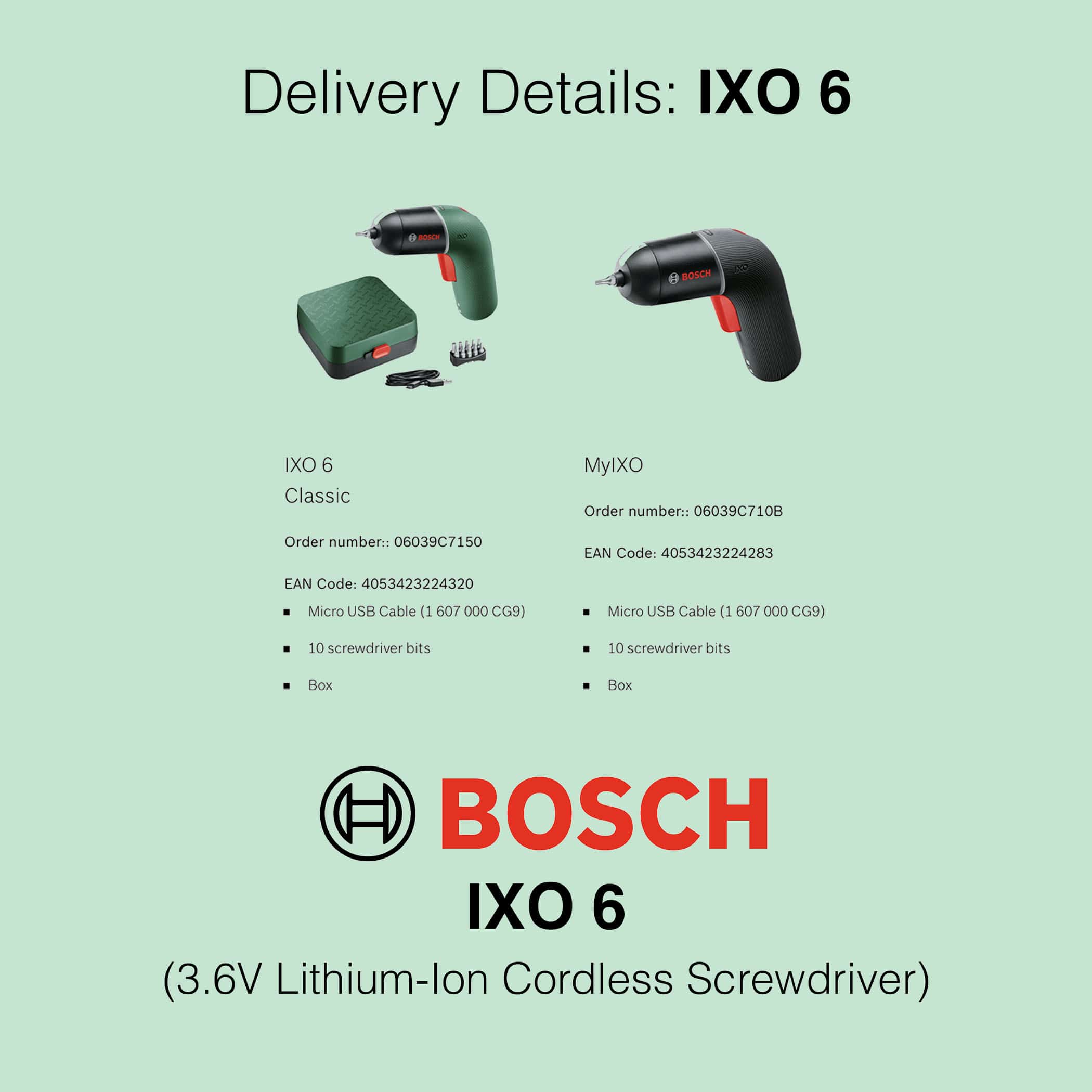Bosch IXO 6 - 3.6V Cordless Screwdriver - Delivery Details