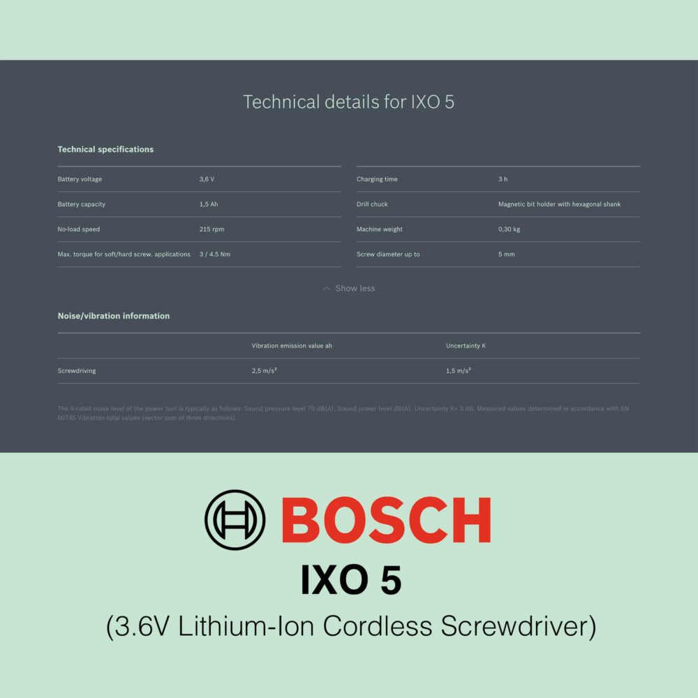 Bosch IXO 5 - 3.6V Cordless Screwdriver - Technical Details