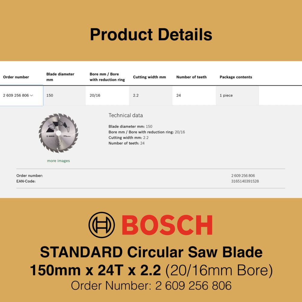 Bosch Standard Saw Blade 150mm 24T - Product Details