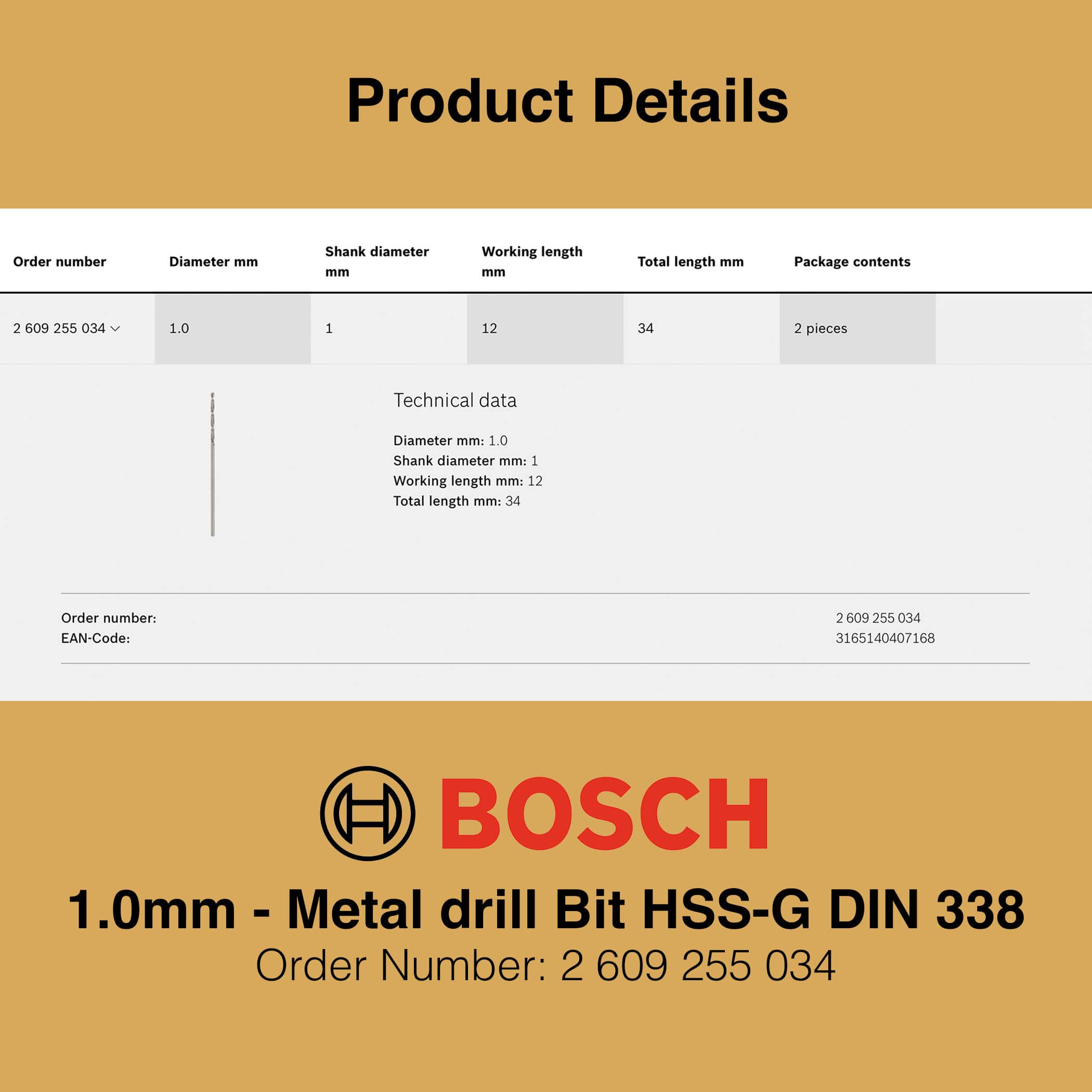 Bosch Metal Drill Bit HSS-G 1mm - Gallery Image 2