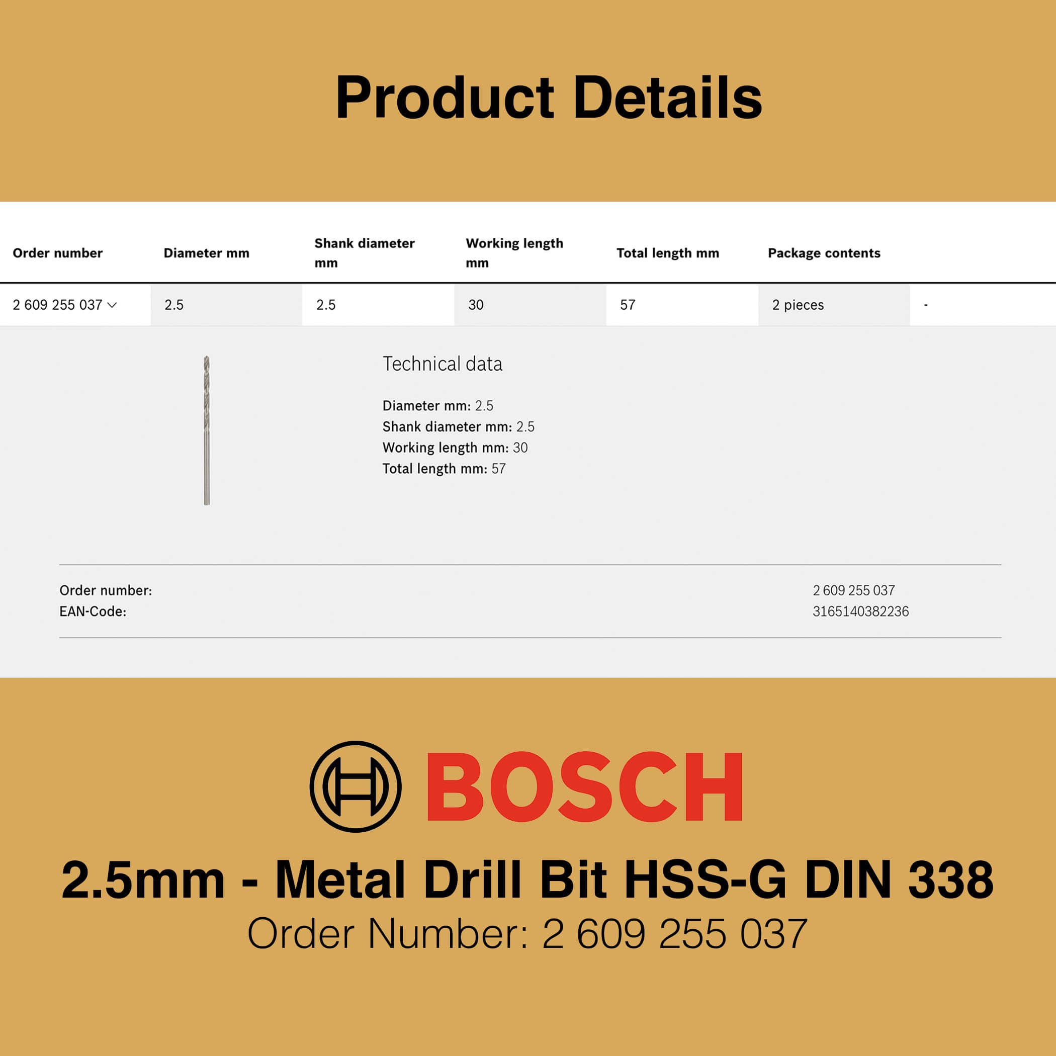 Bosch Metal Drill Bit HSS-G 2.5mm - Gallery Image 2