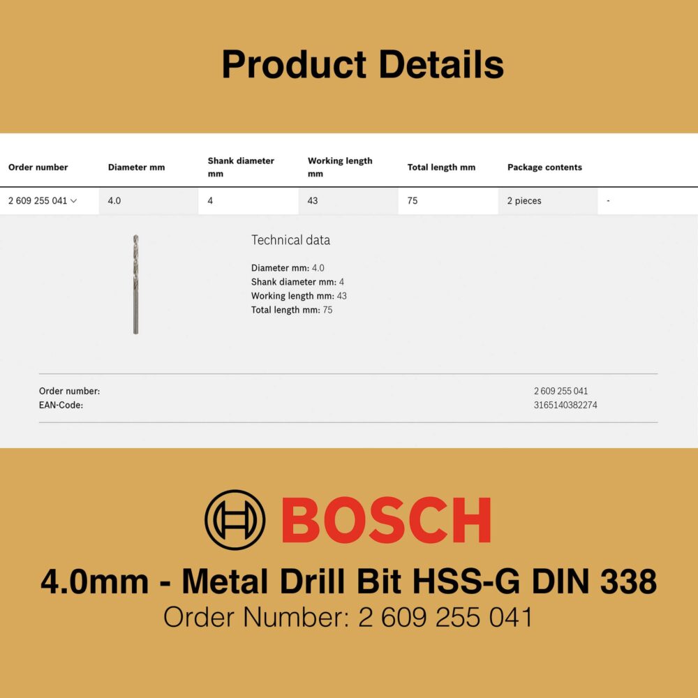 Bosch Metal Drill Bit HSS-G 4.0mm - Gallery Image 2