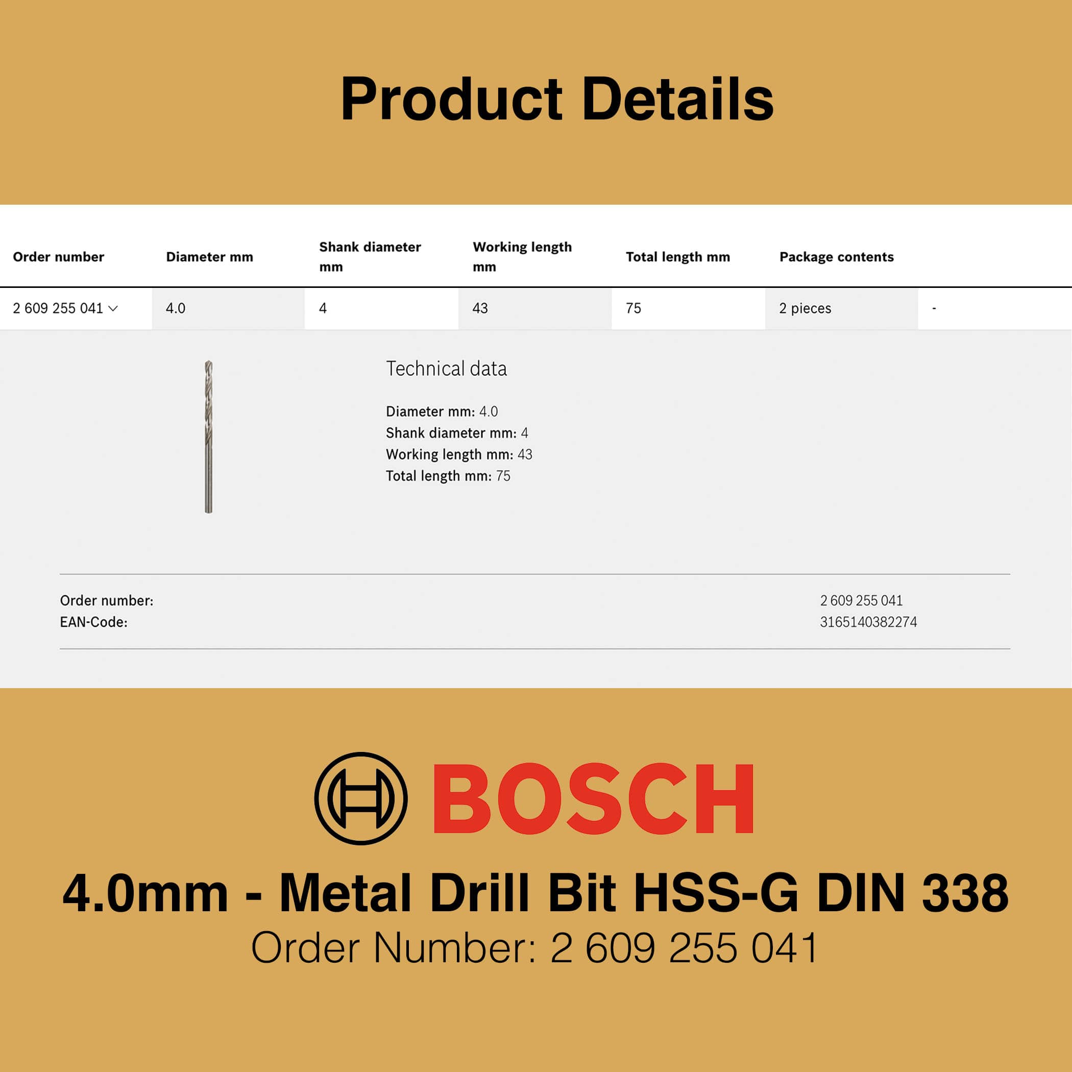 Bosch Metal Drill Bit HSS-G 4.0mm - Gallery Image 2