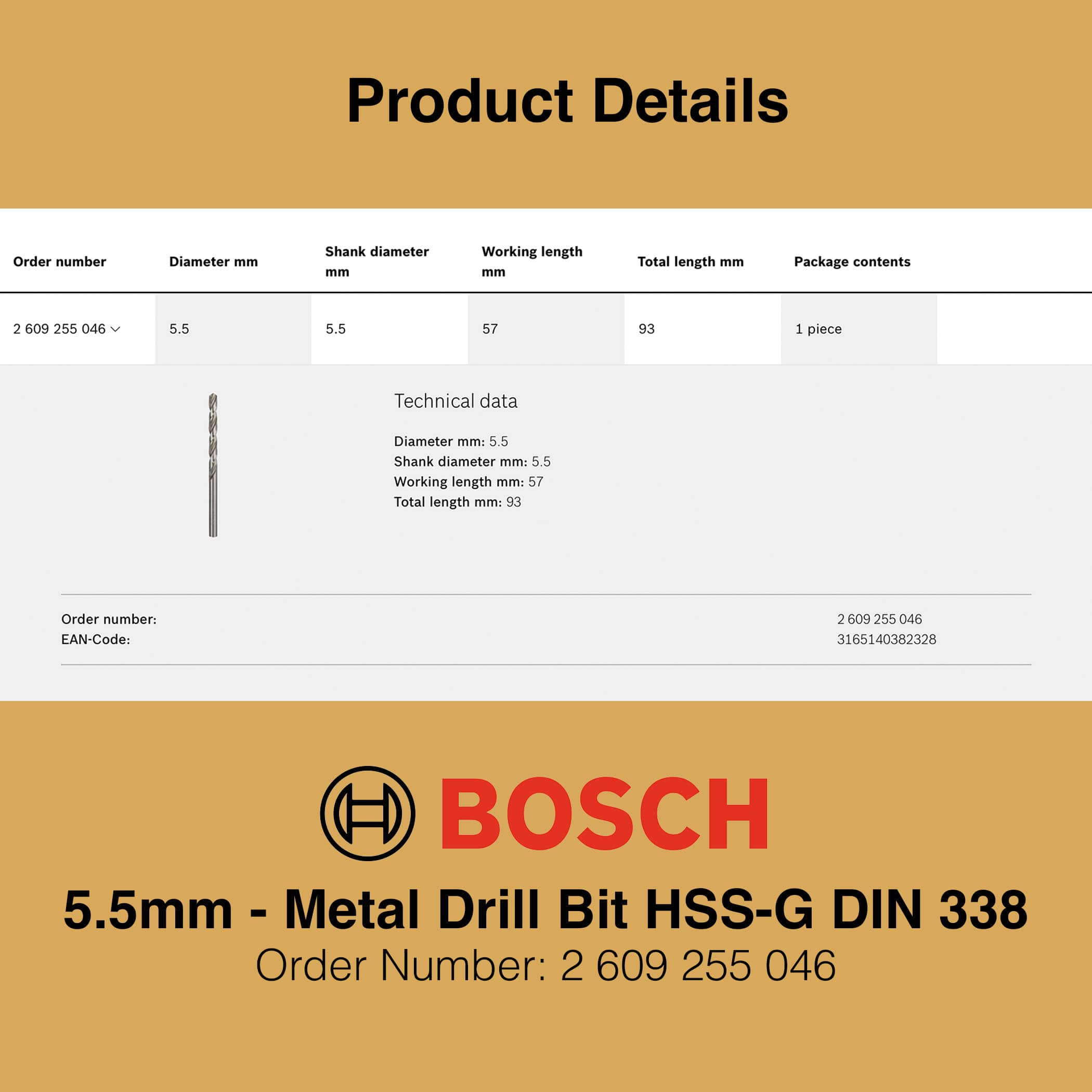 Bosch Metal Drill Bit HSS-G 5.5mm - Gallery Image 2