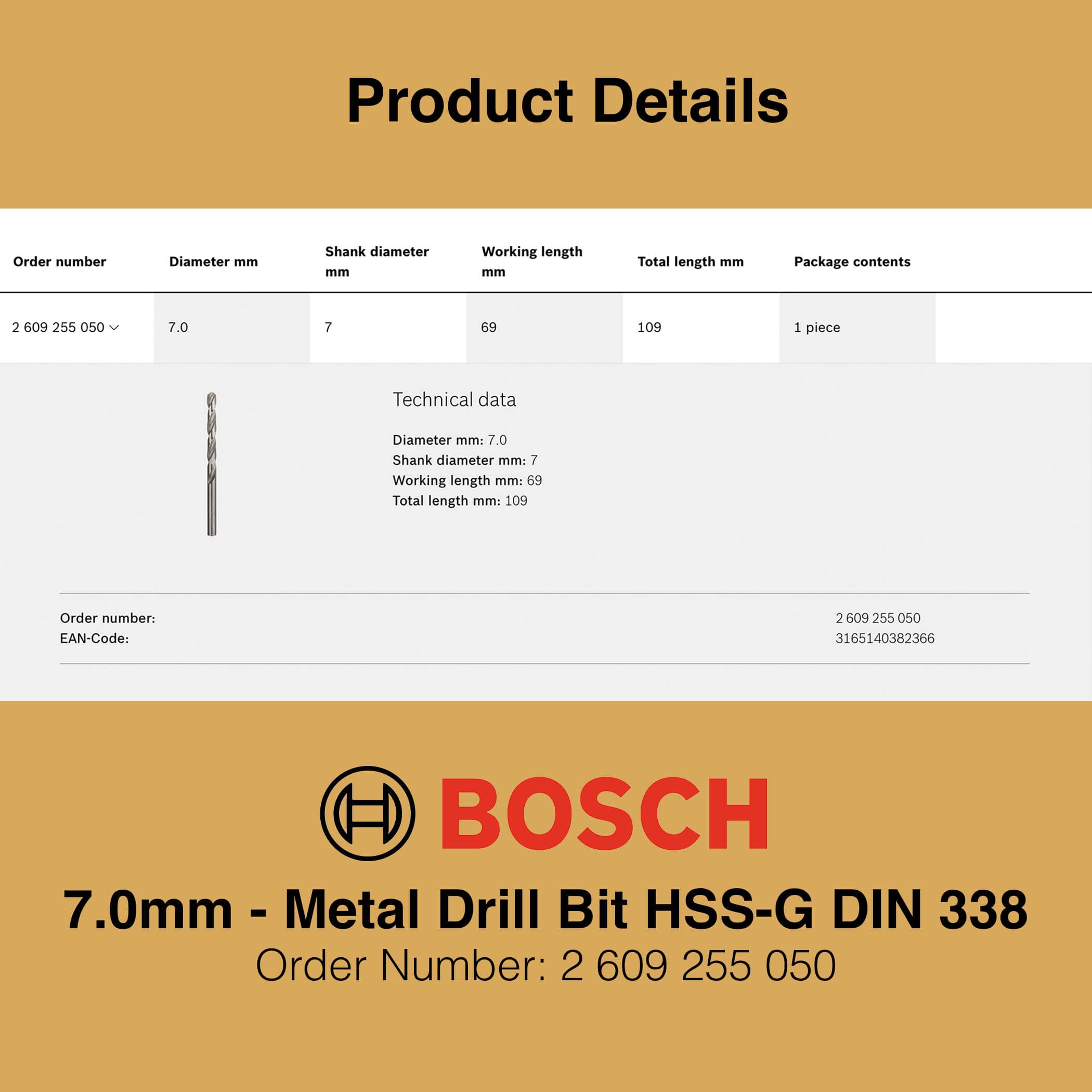 Bosch Metal Drill Bit HSS-G 7.0mm - Gallery Image 2