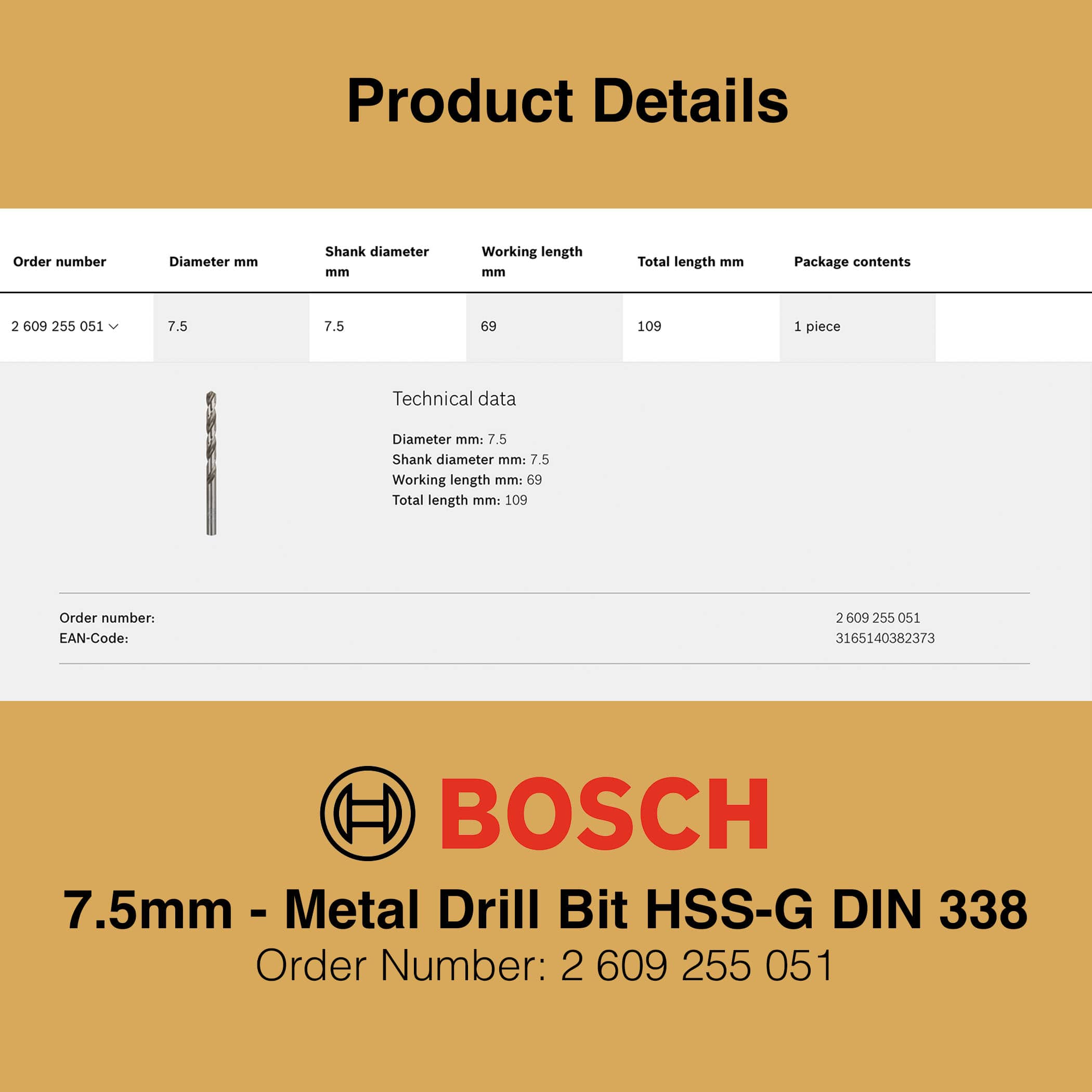 Bosch Metal Drill Bit HSS-G 7.5mm - Gallery Image 2