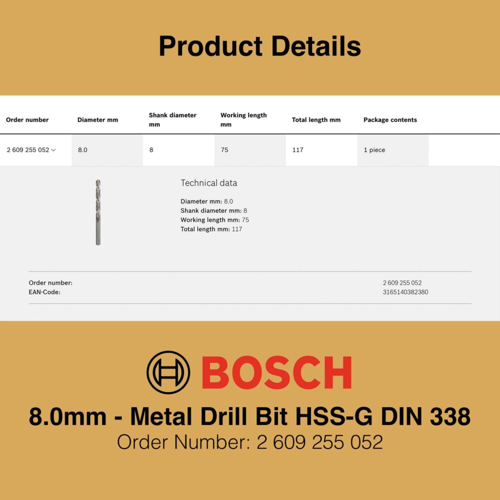 Bosch Metal Drill Bit HSS-G 8.0mm - Gallery Image 2