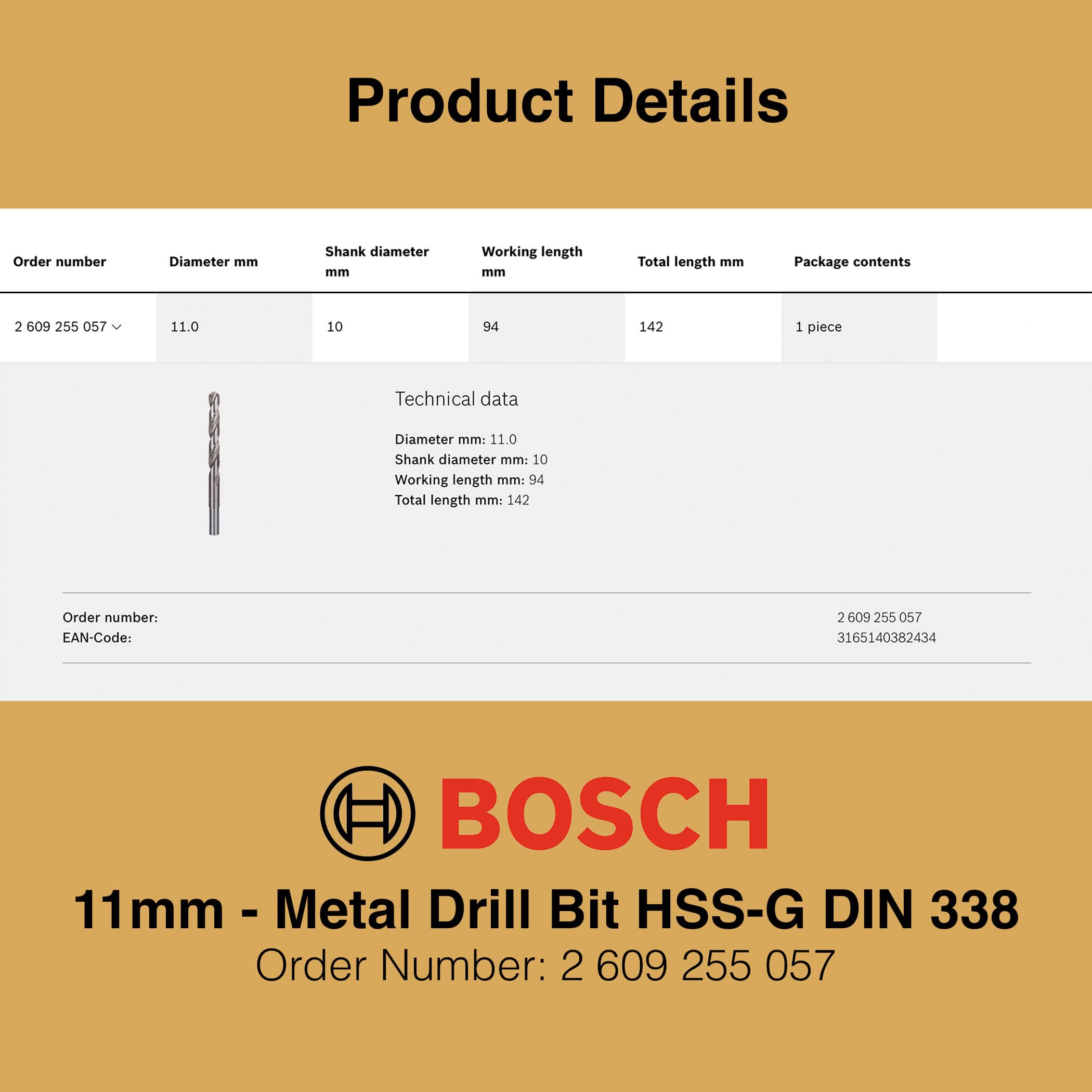 Bosch Metal Drill Bit HSS-G 11mm - Gallery Image 2