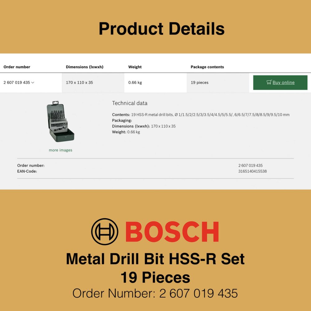 Bosch HSS-R Metal Drill Bit Set 19 Pieces - Metal Case - Technical