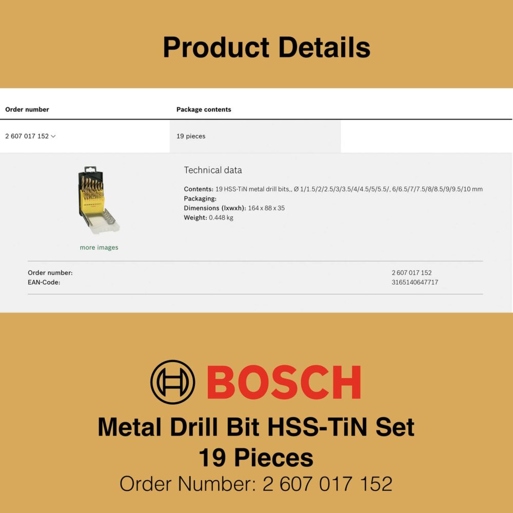 Bosch HSS-TiN Metal Drill Bit Set 19 Pieces - Technical