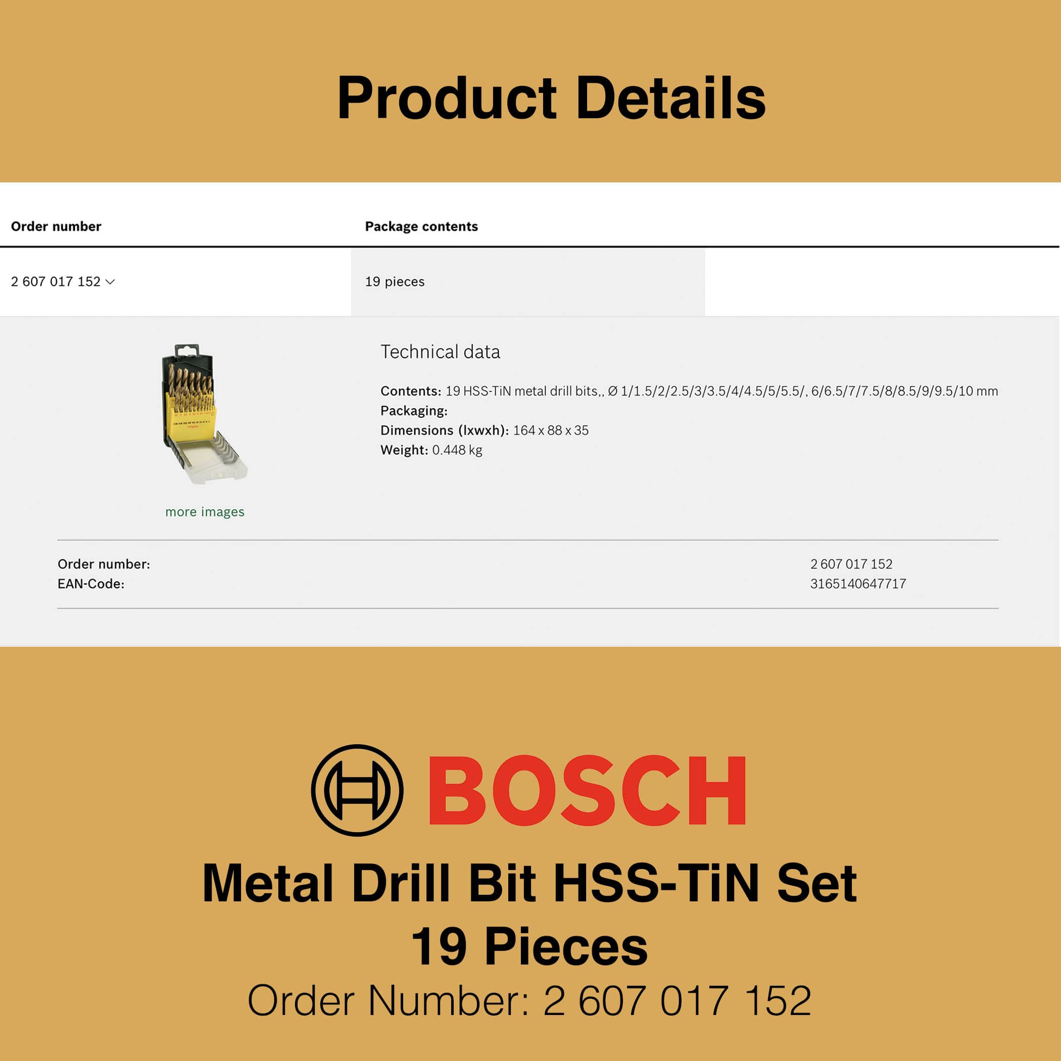 Bosch HSS-TiN Metal Drill Bit Set 19 Pieces - Technical