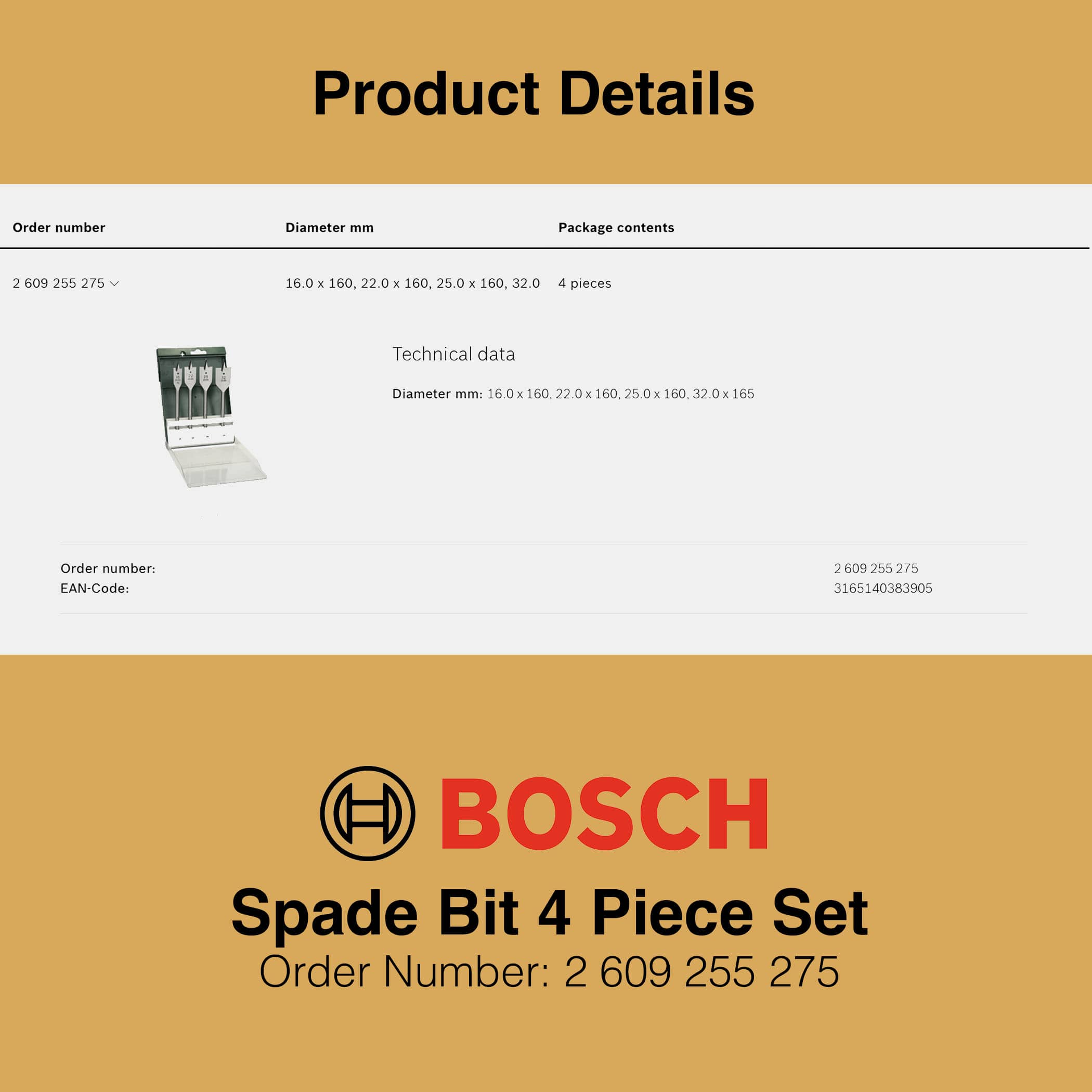 Bosch Spade Bit Set 4 Pieces - Technical