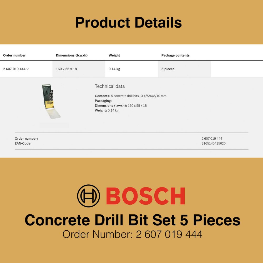 Bosch Concrete Drill Bit Set 5 Pieces - Technical Image