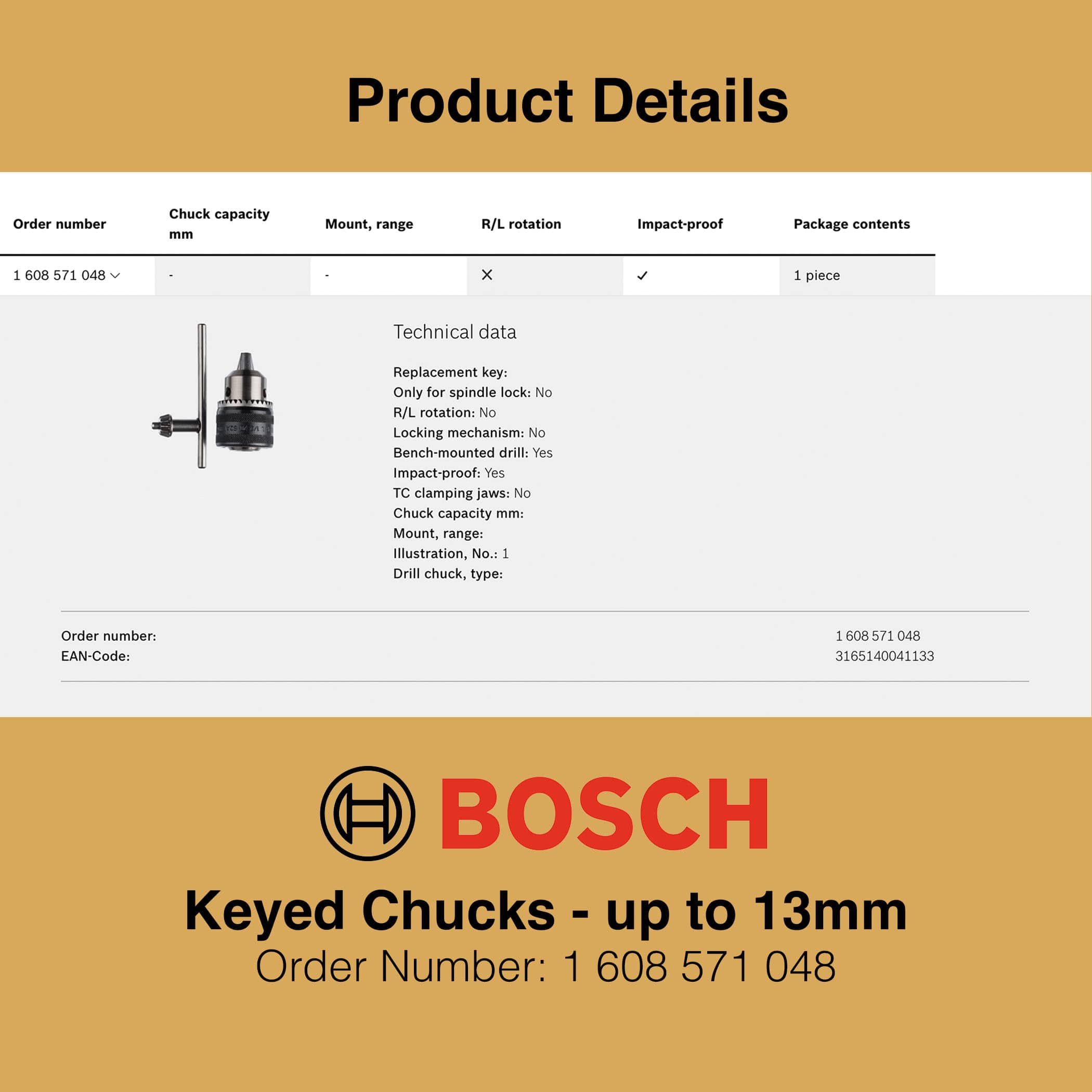 Bosch Keyed Chucks up to 13mm - Product Details