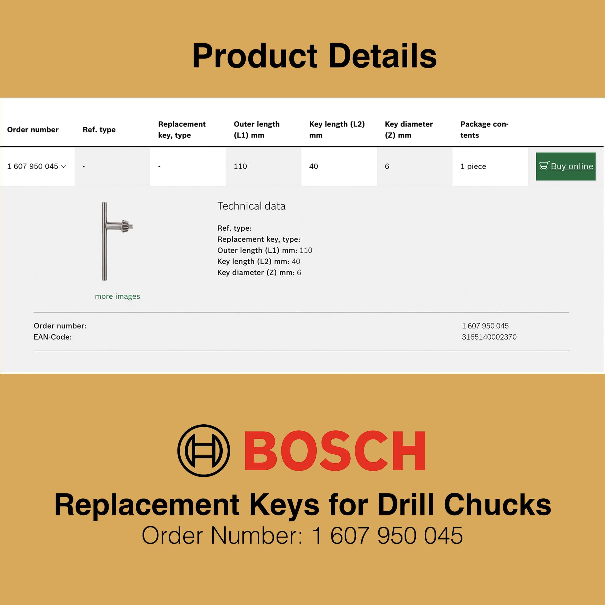 Bosch Drill Chuck Replacement Key - Product Details