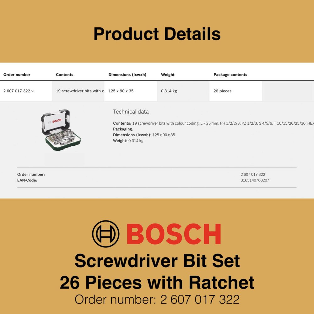 Bosch Screwdriver Bit Set 26 Pieces  - With Ratchet - Product Details