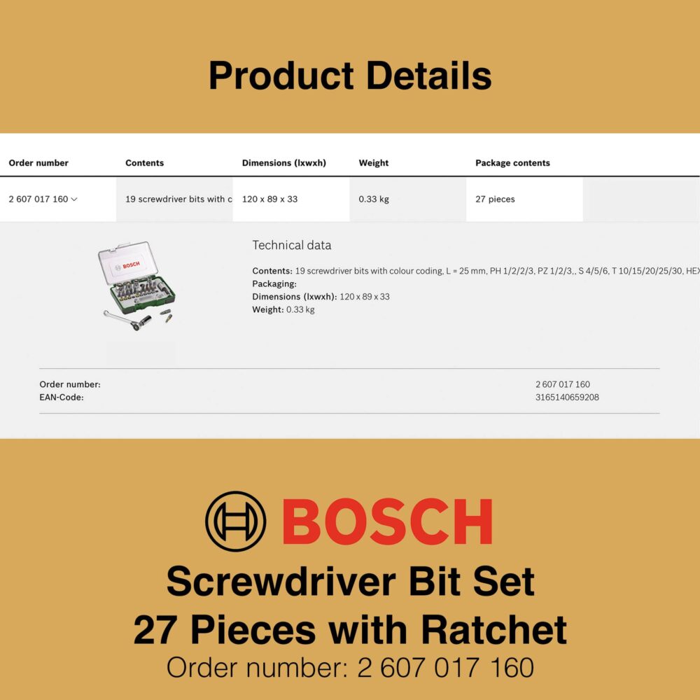 Bosch Screwdriver Bit Set 27 Pieces  - With Ratchet - Product Details