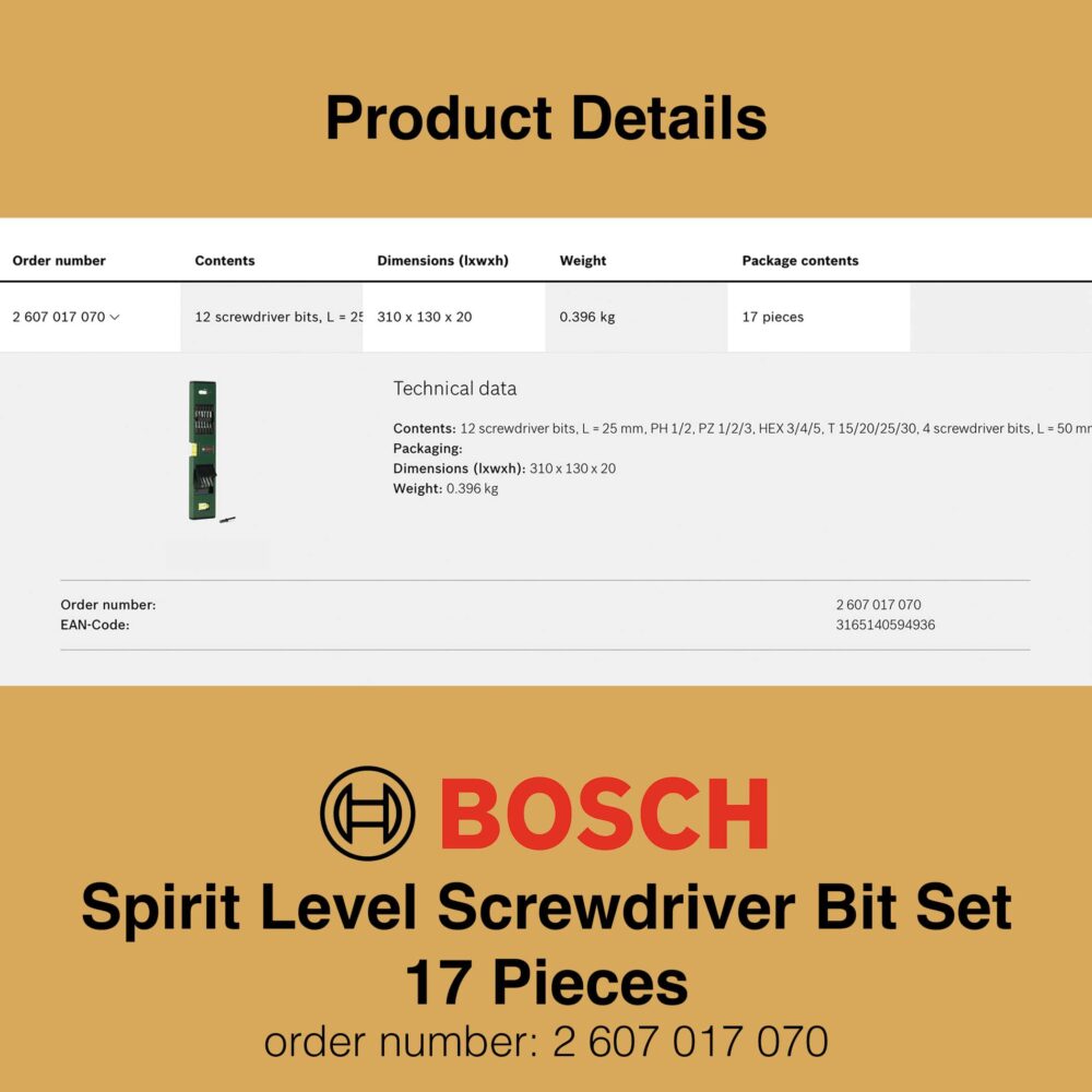 Bosch Spirit Level Bit Set 17 Pieces - Product Details
