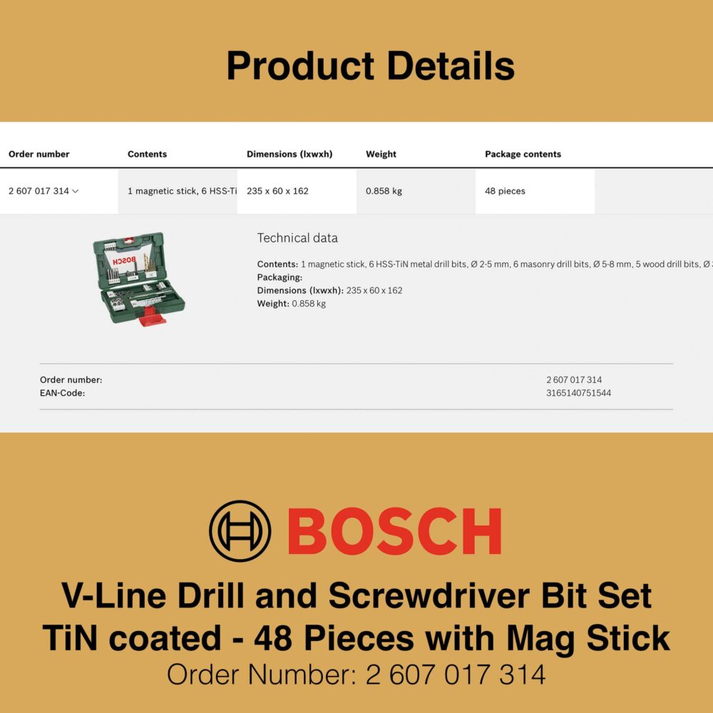 Bosch V Line Drill and Screwdriver Bit Set TiN Coated 48 Pieces - Product Details