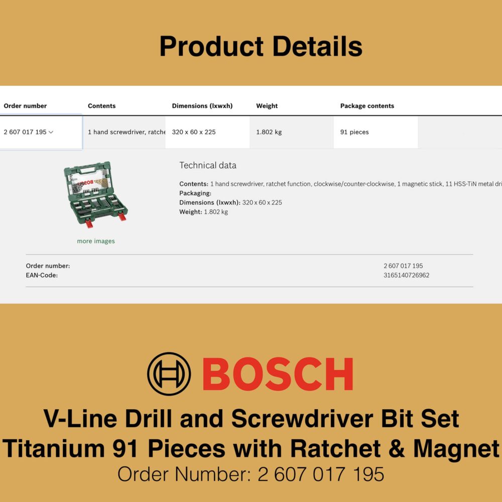 Bosch V Line Drill and Screwdriver Bit Set TiN Coated 91 Pieces - Product Details