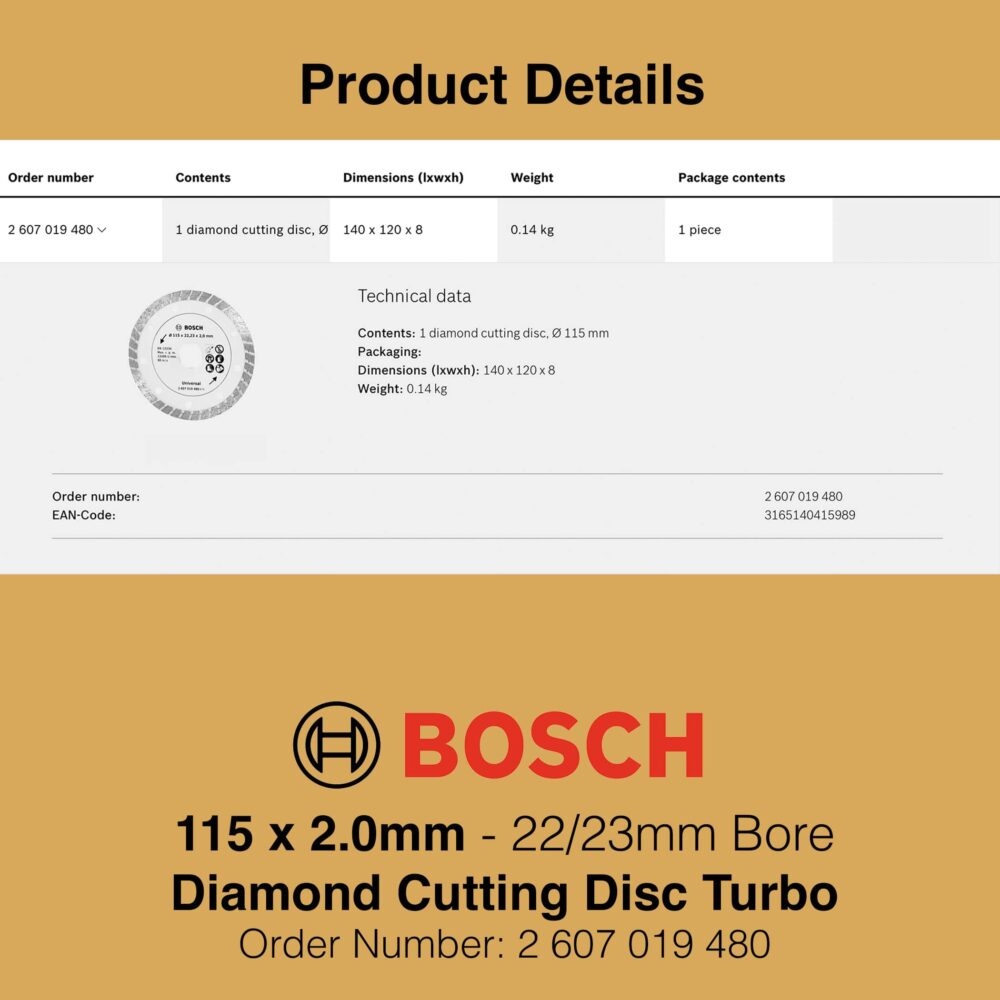 Bosch Diamond Cutting Disc Turbo - 115mm Product Details