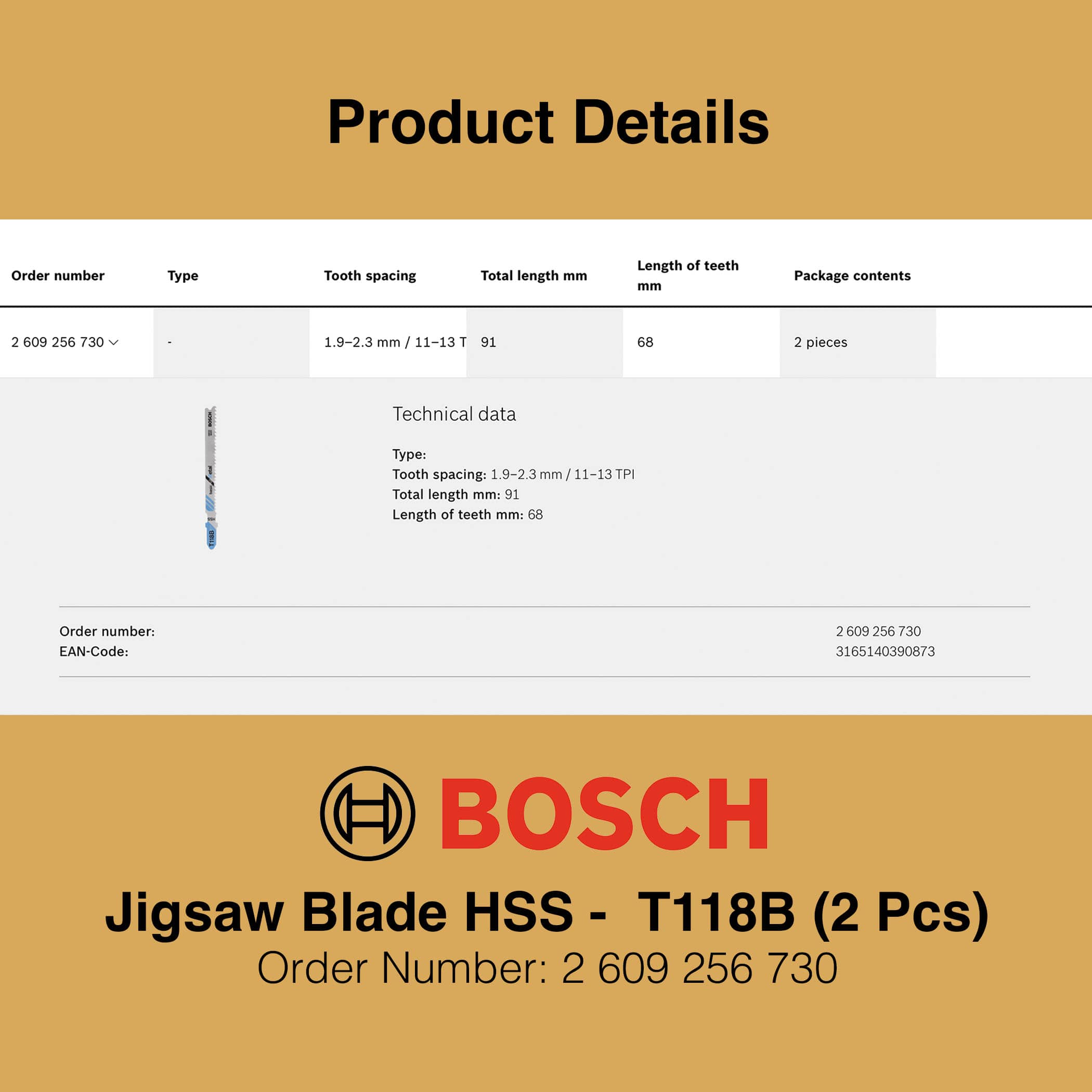 Bosch Jigsaw Blade HSS T118B Metal - Product Details