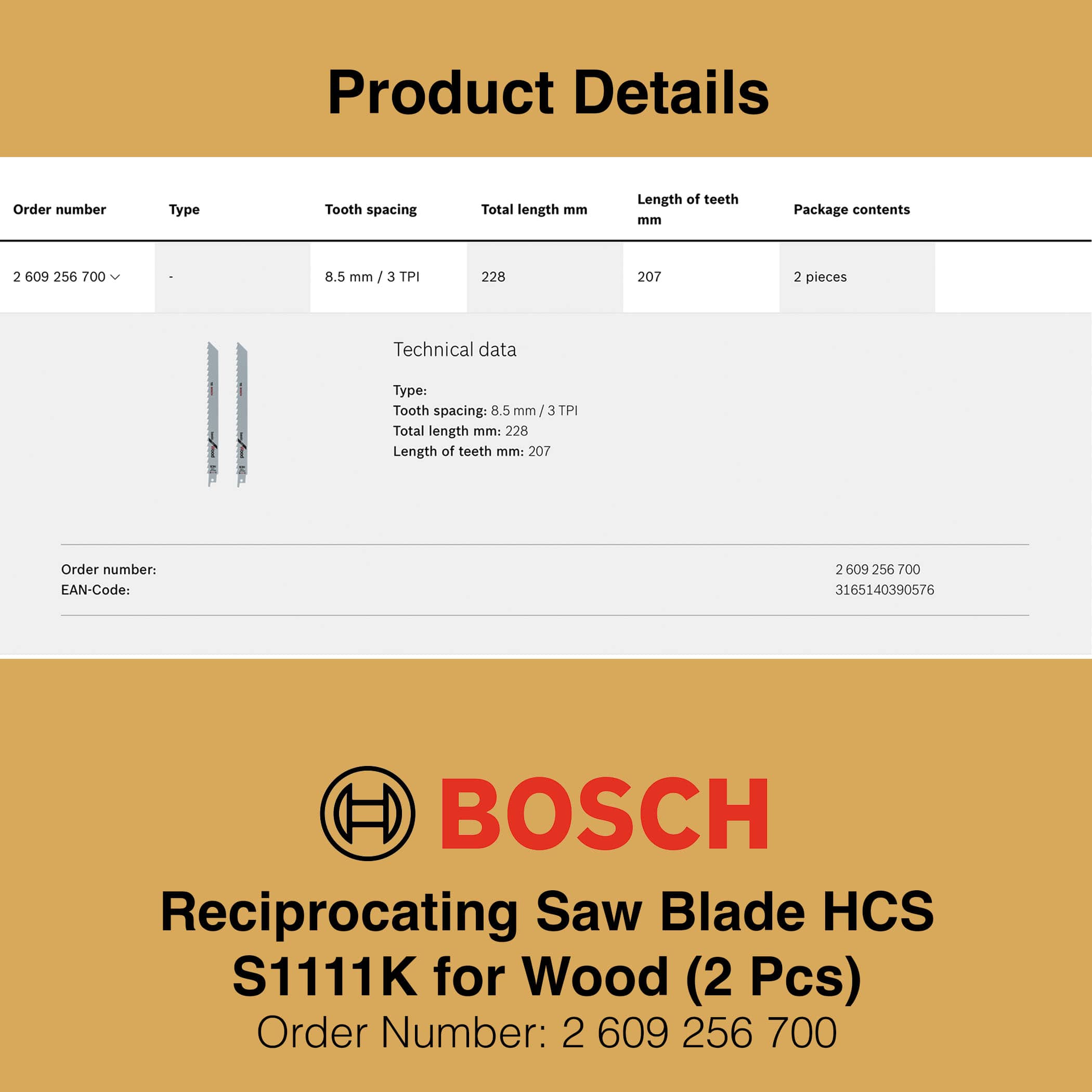 Bosch Reciprocating Saw Blade HCS S1111K - Product Details