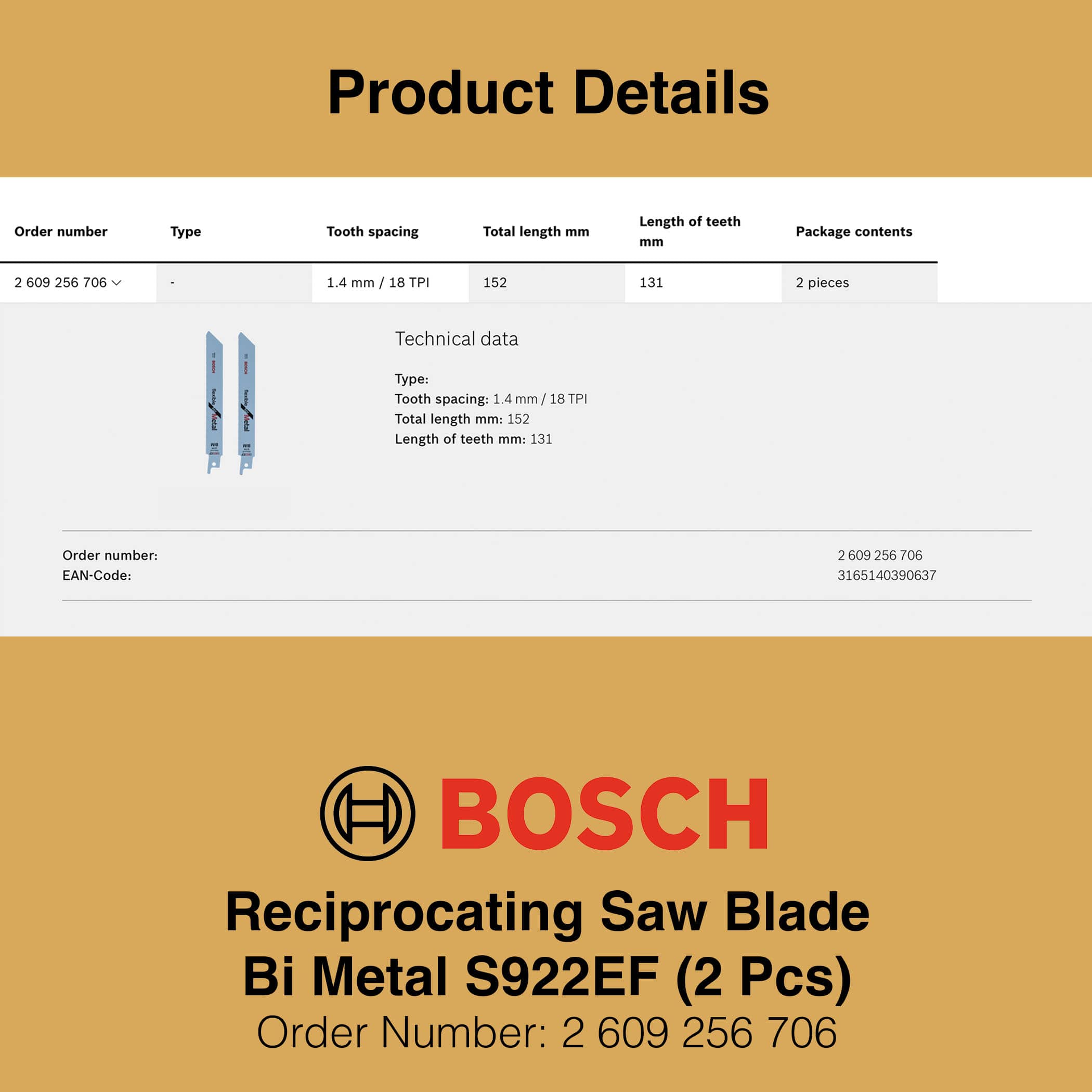 Bosch Reciprocating Saw Blade BIM S922EF - Product Details