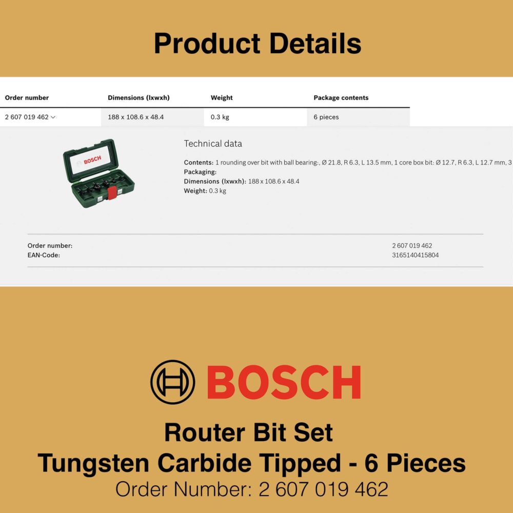 Bosch Router Bit Set 6 Pieces - Product Details