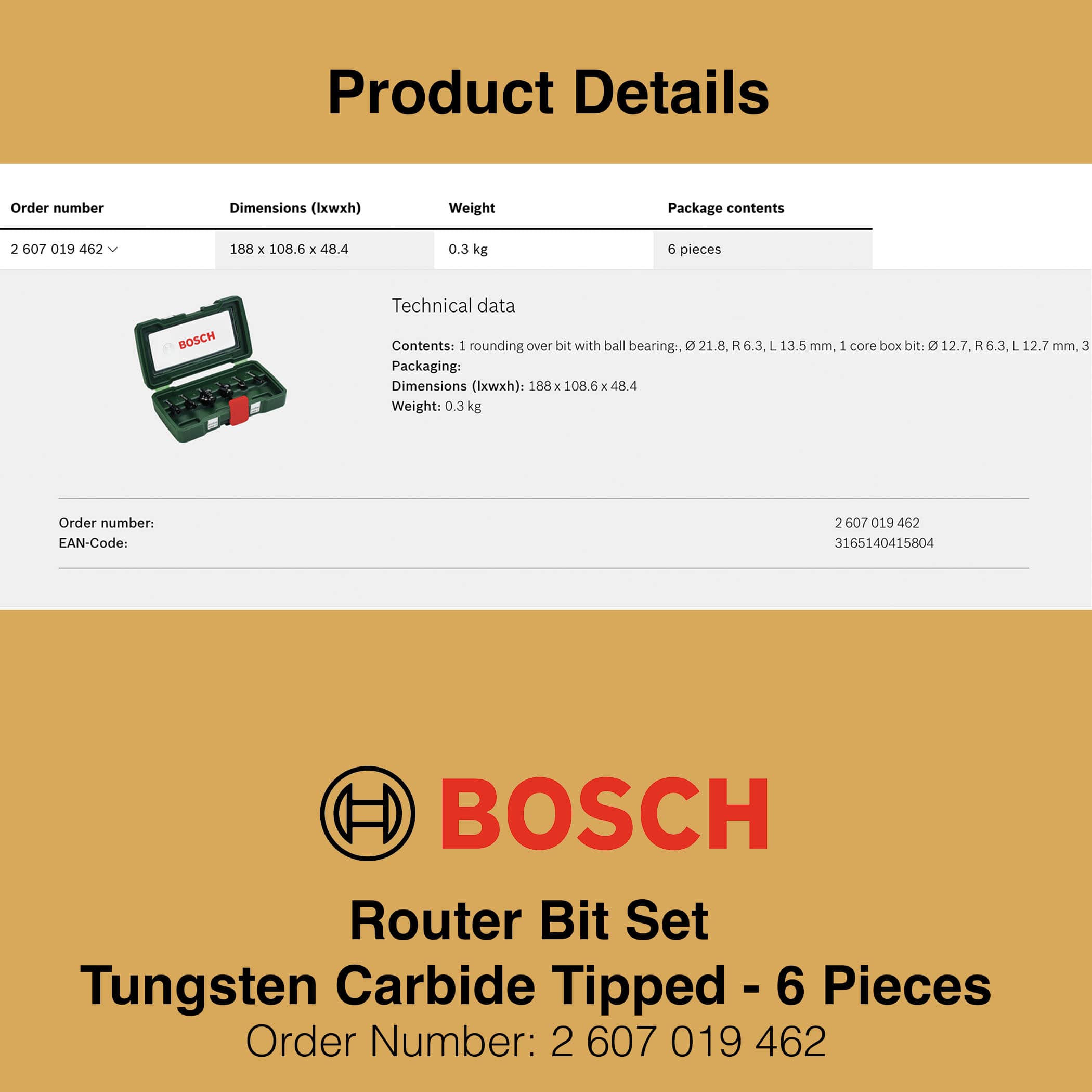 Bosch Router Bit Set 6 Pieces - Product Details