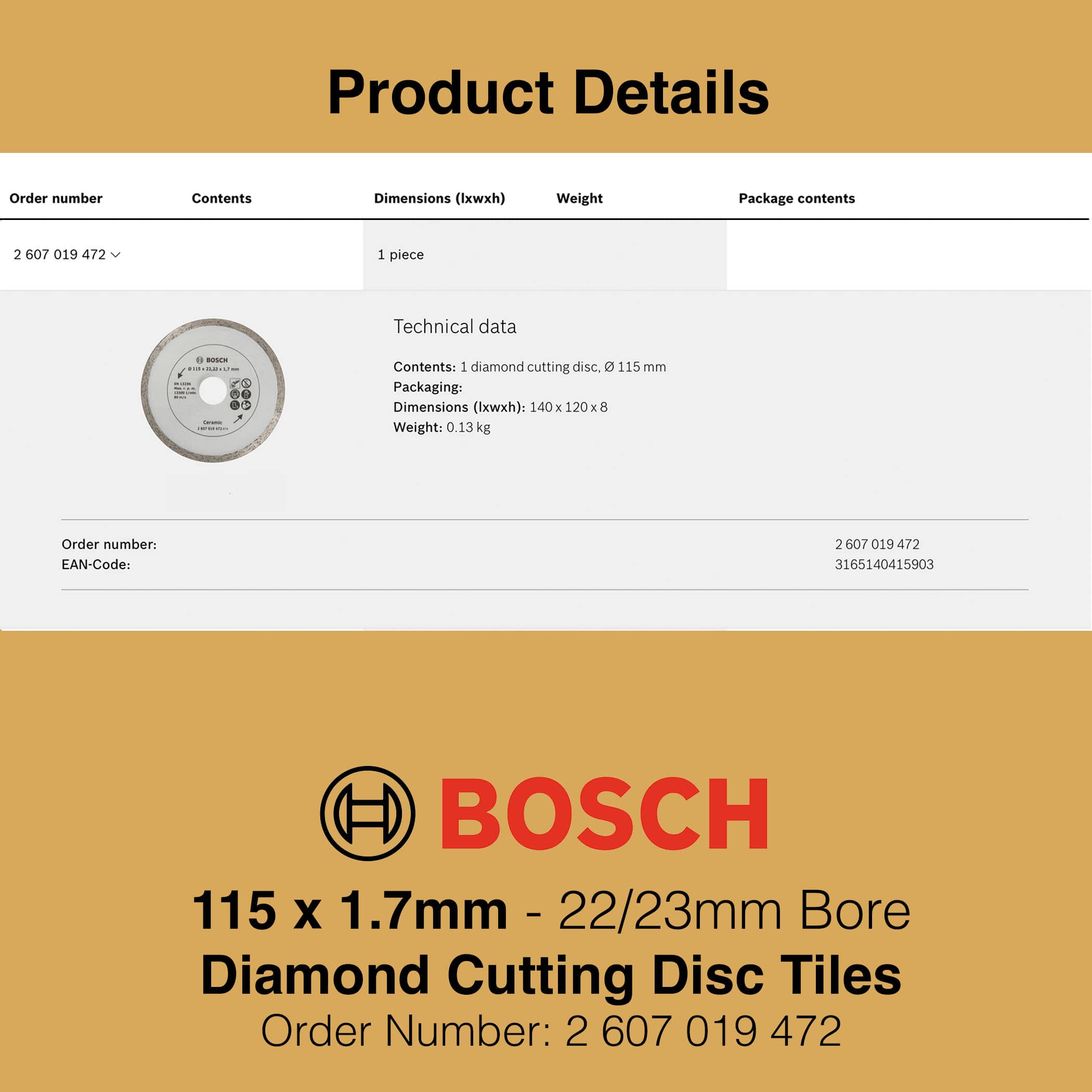 Bosch Diamond Cutting Discs for Tiles - 115mm Product Details