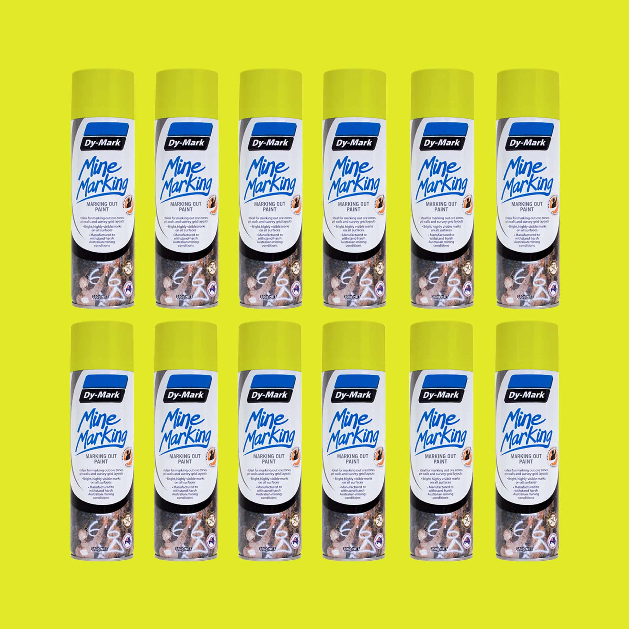 Dy-Mark Mine Marking Paint - 12 Pack Horizontal Fluorescent Yellow