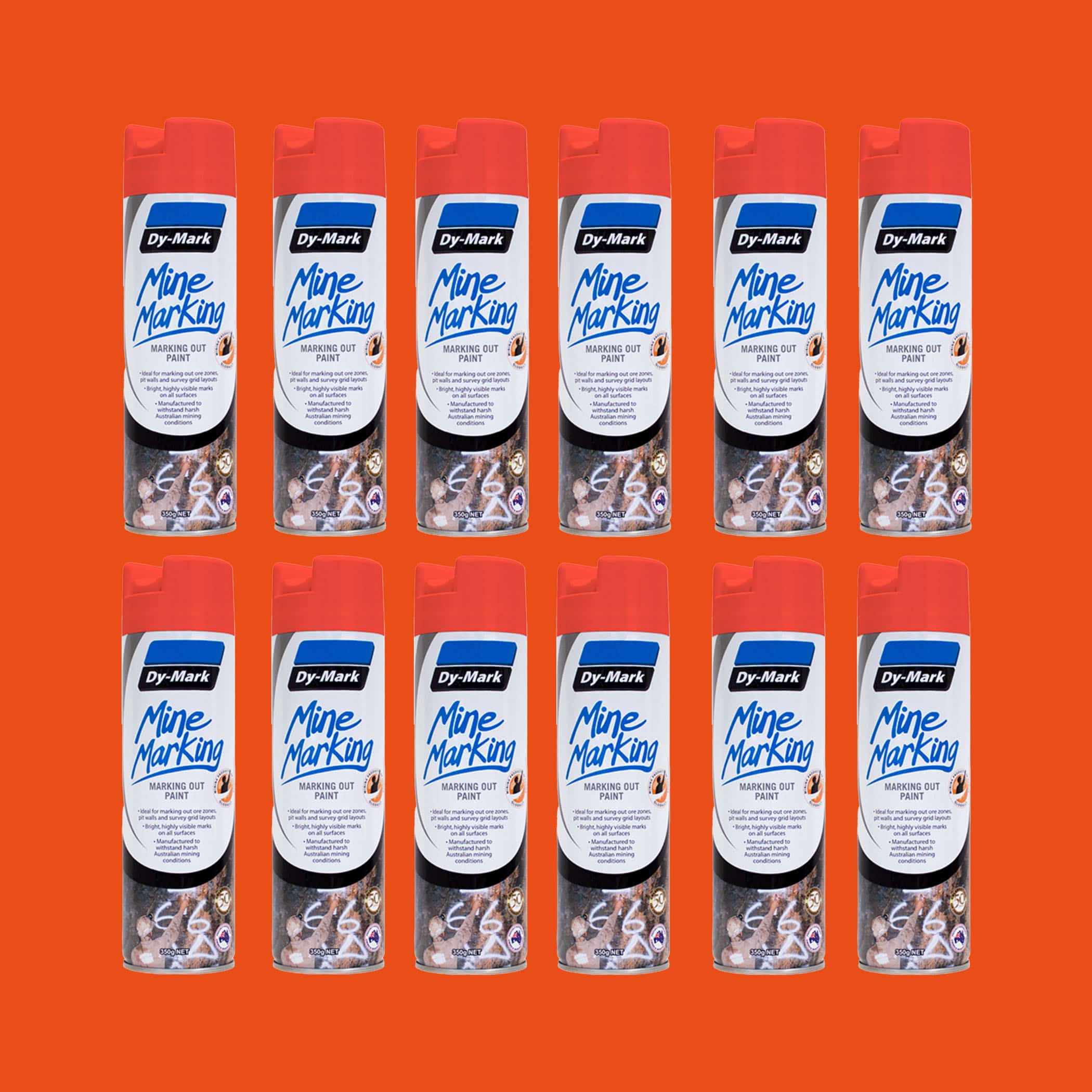 Dy-Mark Mine Marking Paint - 12 Pack Vertical Fluorescent Orange