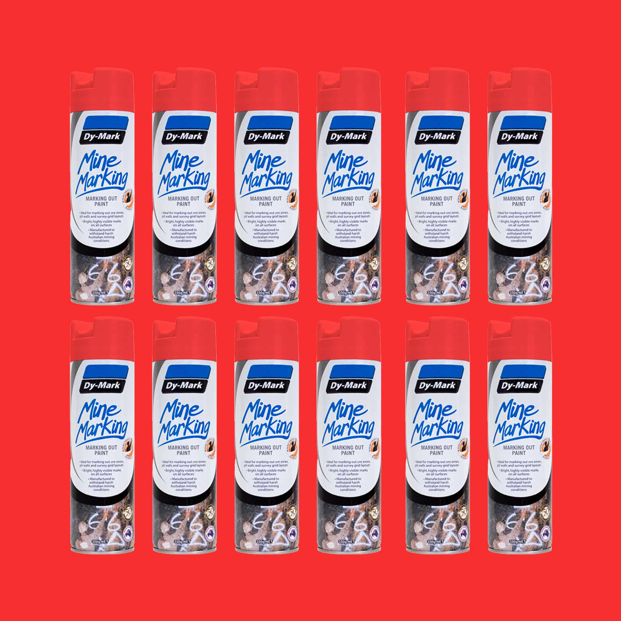 Dy-Mark Mine Marking Paint - 12 Pack Vertical Fluorescent Red