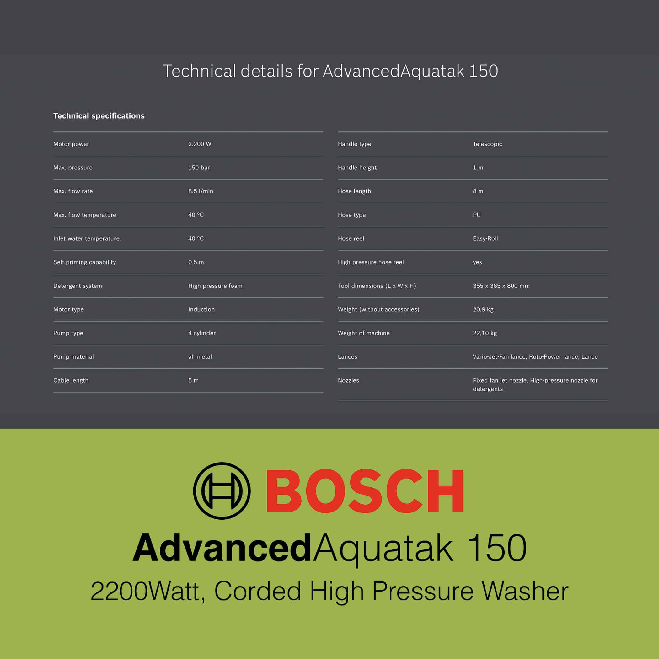 Bosch AdvancedAquatak 150 High Pressure Washer - Technical Details