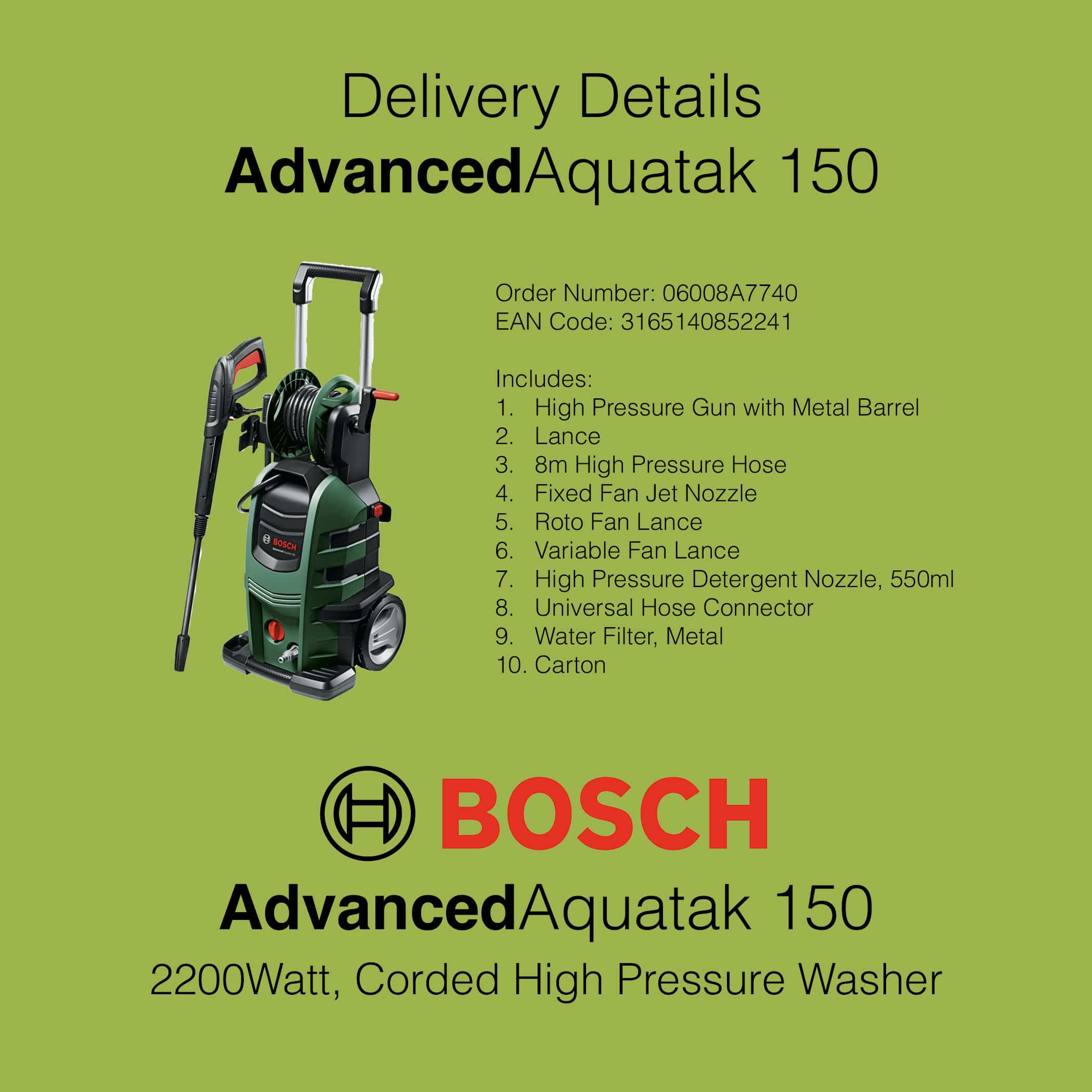 Bosch AdvancedAquatak 150 High Pressure Washer - Delivery Details