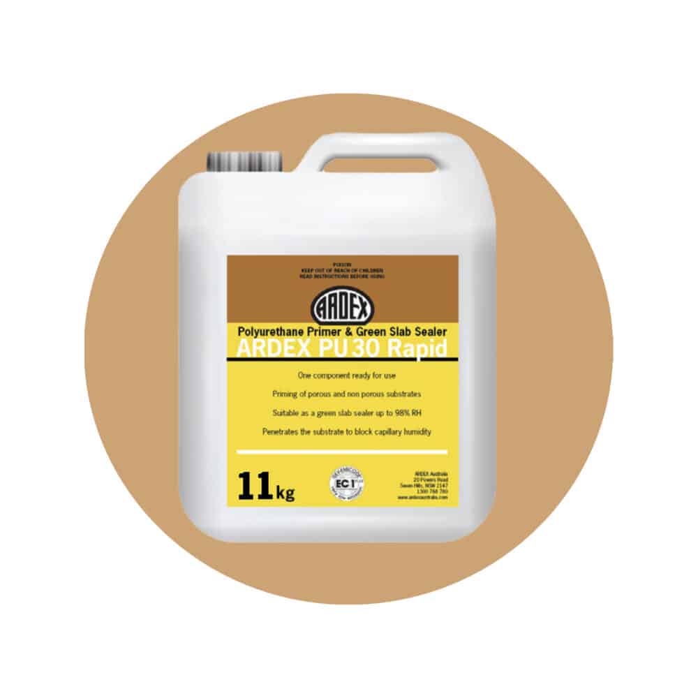 Ardex PU30 Rapid Polyurethane Primer 11kg Jerry Can Ardex PU 30 Rapid is a one-component polyurethane primer and green slab sealer for use on internal and external porous and non-porous substrates.  Ardex PU 30 Rapid penetrates the surface of the substrate blocking capillary moisture up to 98% RH, while strengthening and consolidating the surface up to 2mm in depth. One-component polyurethane primer and green slab sealer ready for use Suitable for internal and external use. Priming of porous and non porous substrates Suitable as a green slab sealer up to 98% RH Penetrates the substrate to block capillary moisture Priming of old and new substrates Low VOC, water and solvent free Coverage: 110m2/11Kg (1 coat) Supplier Code: PU30 Size: 11Kg - Product Image
