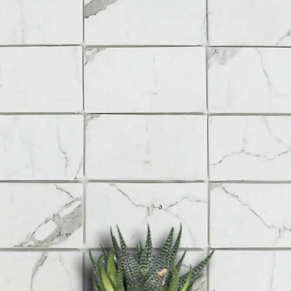 Travertino Calacatta Recycled Glass Subway Tile - Gallery Image