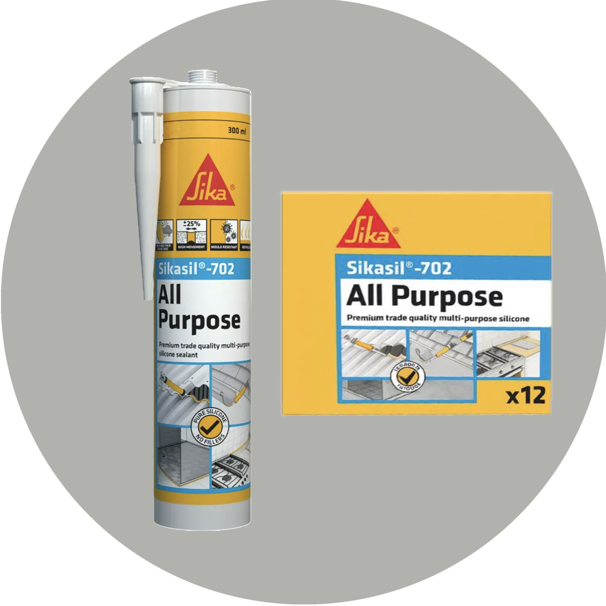 Sika SikaSil 702 Premium Pure Silicon Sealant - 12 x 300g Mid Grey Variation Image