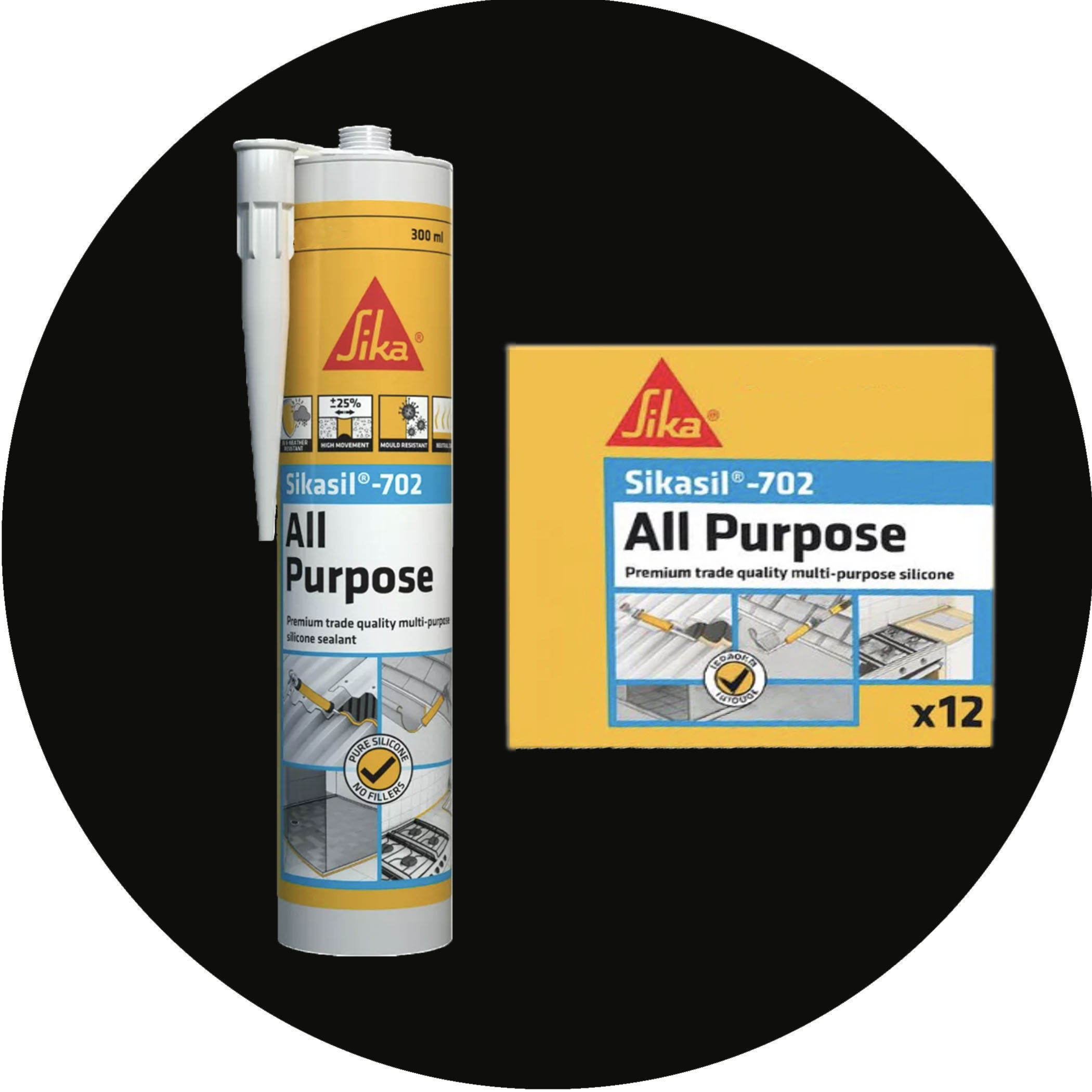 Sika SikaSil 702 Premium Pure Silicon Sealant - 12 x 300g Black Variation Image