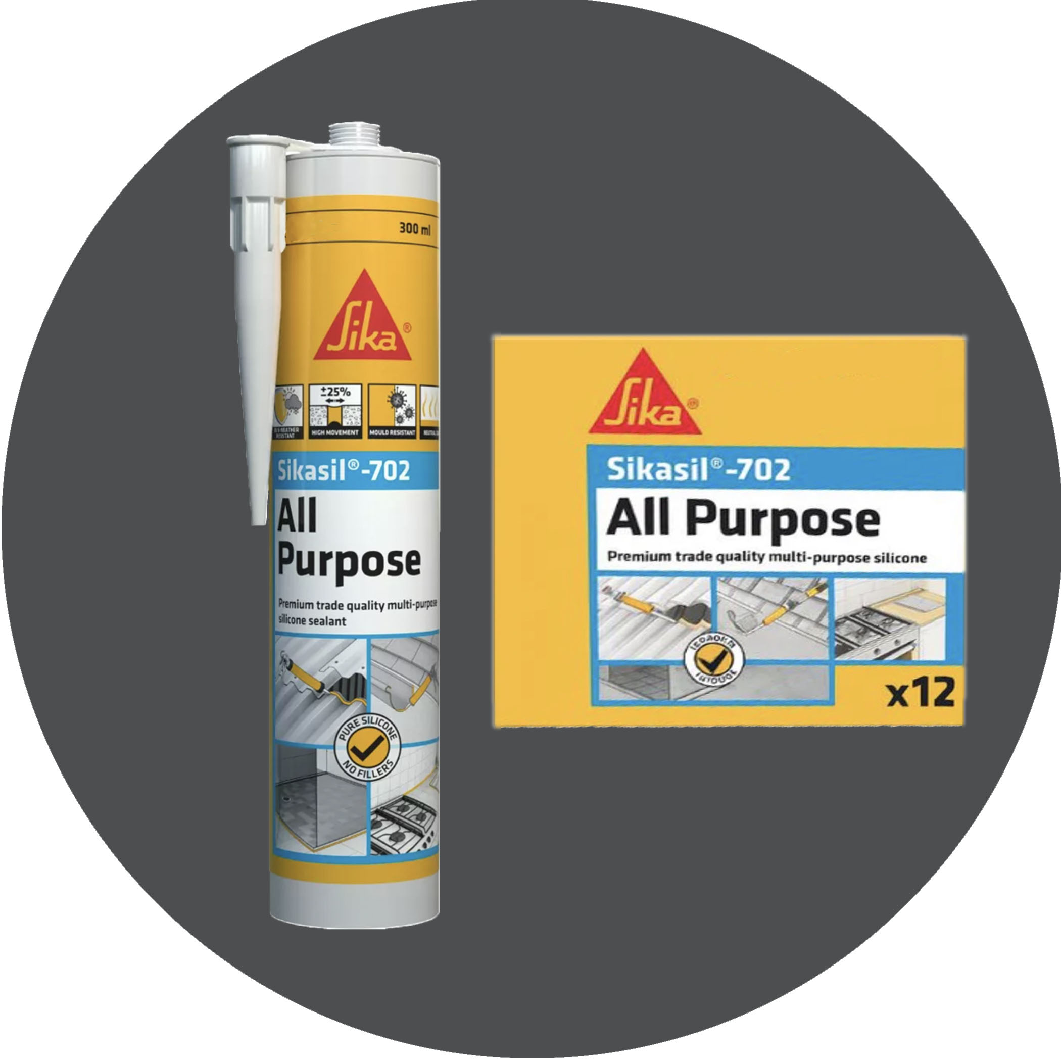 Sika SikaSil 702 Premium Pure Silicon Sealant - 12 x 300g Charcoal Variation Image
