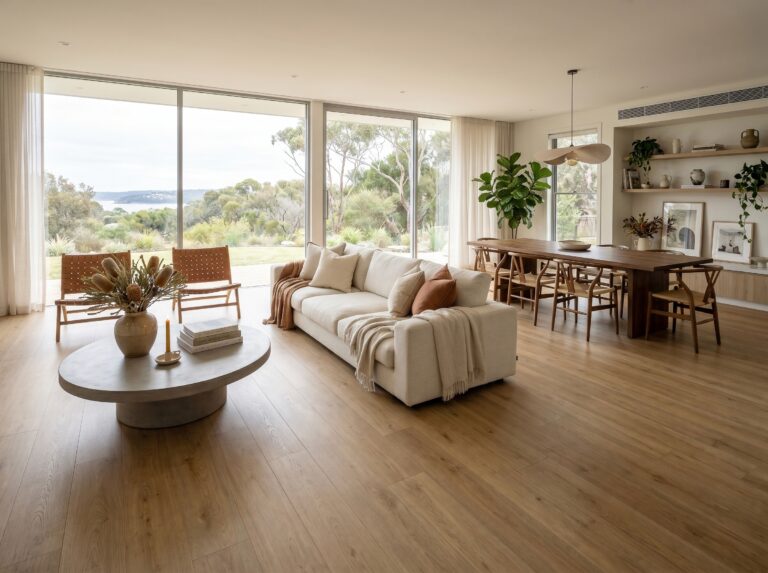 Sunstar Prism hybrid flooring in a light, open-plan living room