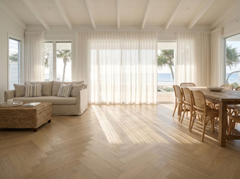 Sunstar Prism Herringbone hybrid flooring laid in a coastal living and dining room