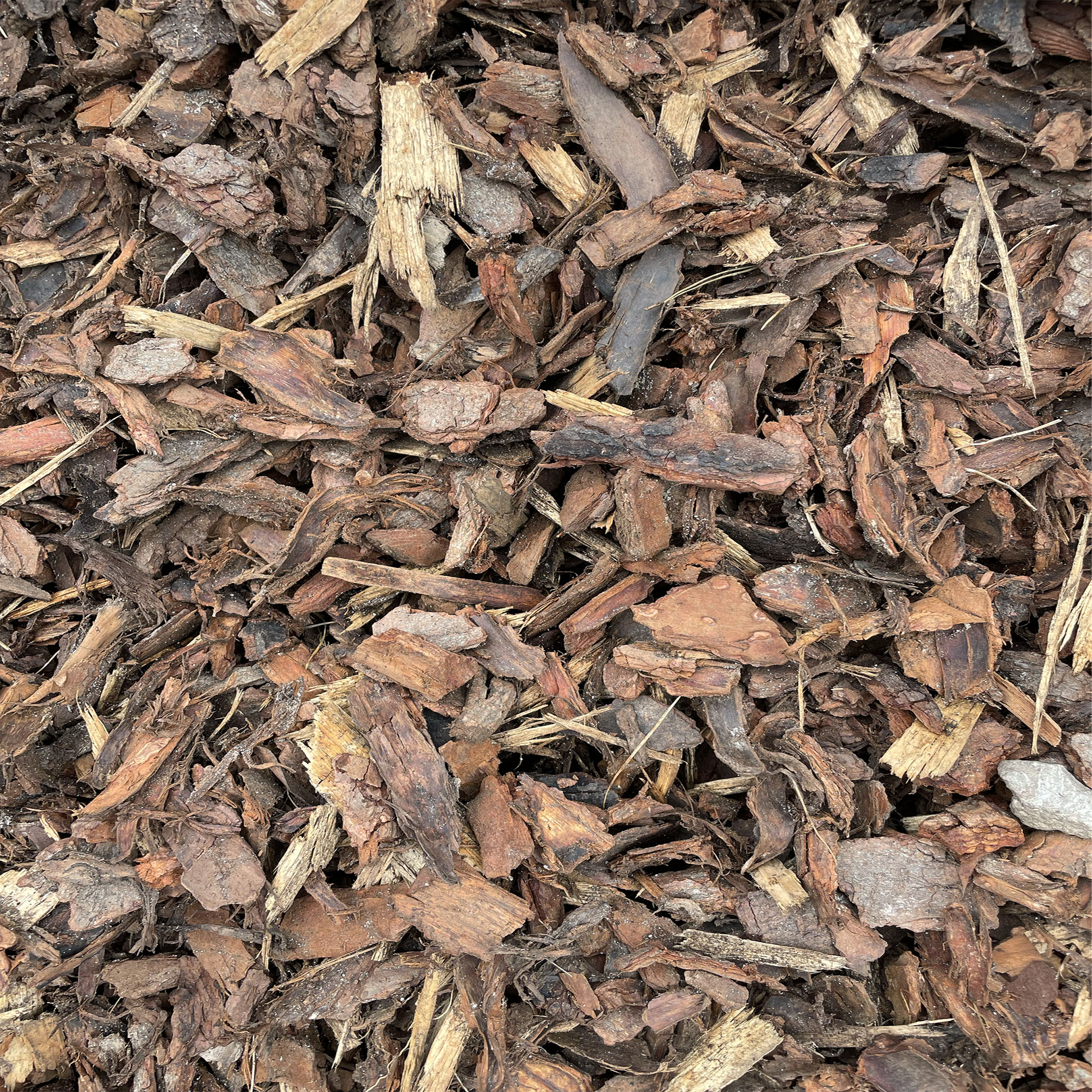 A pile of light-coloured pine bark mulch chips